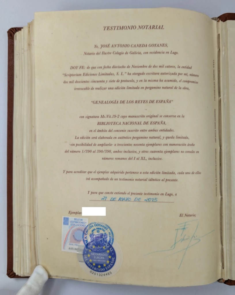 Testimonio Notarial del facsímil de la Genealogía de los Reyes de España