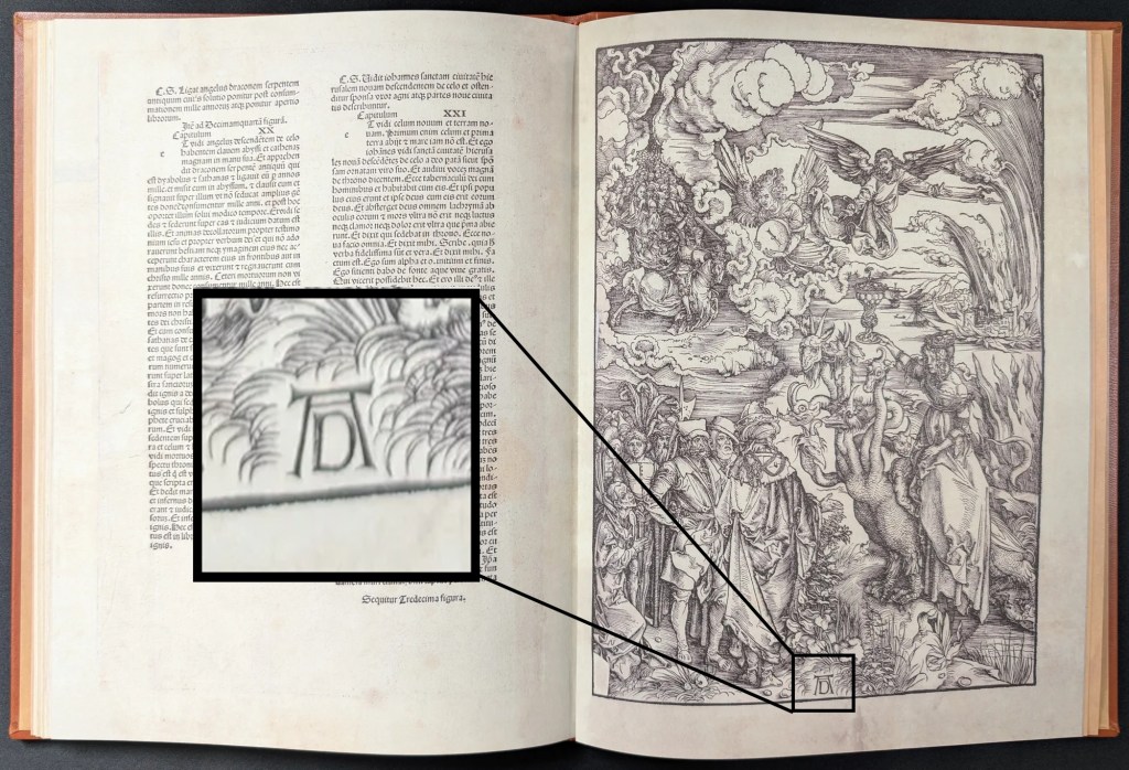 Imagen con la Firma de Durero (AD) remarcada de la Estampa: La Cortesana de Babilonia