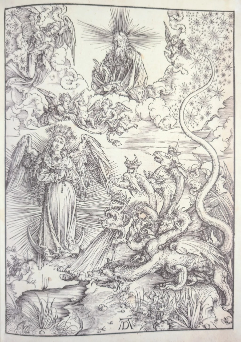 Estampa 10, La mujer vestida de sol y el dragón de siete cabezas