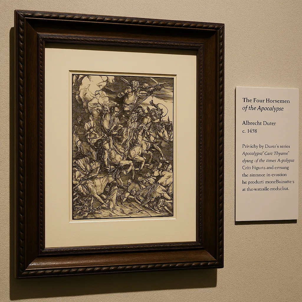 Imagen de la representación imaginaria de un grabado del apocalipsis de Durero expuesto en un museo