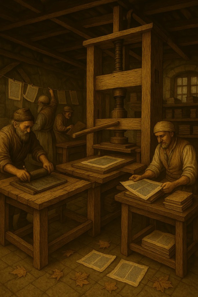 Imagen de la representación imaginaria de una imprenta en el siglo XV