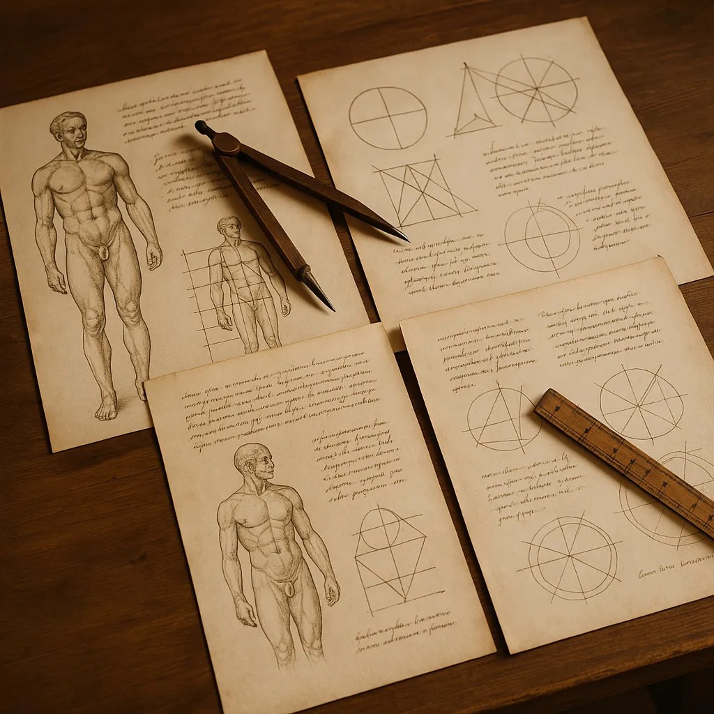 Imagen de la representación imaginaria de una mesa de estudio con bocetos de proporciones humanas y geometría