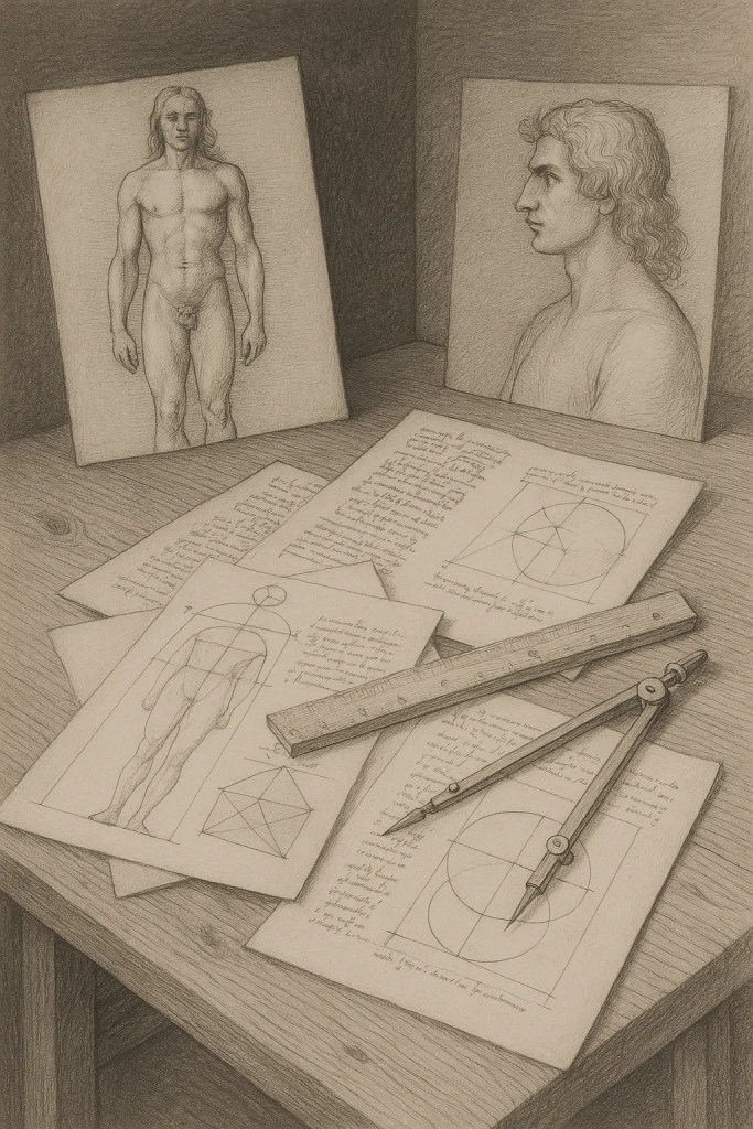 Imagen de la representación imaginaria de una mesa de estudio con bocetos de proporciones humanas y geometría