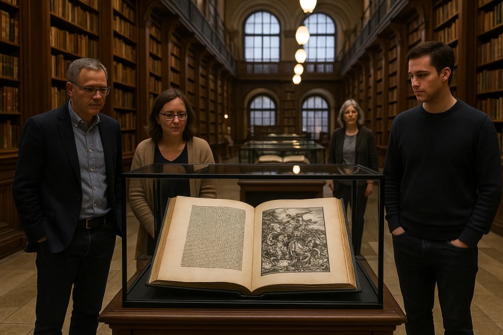 Imagen de la representación imaginaria del libro del apocalipsis expuesto en un museo