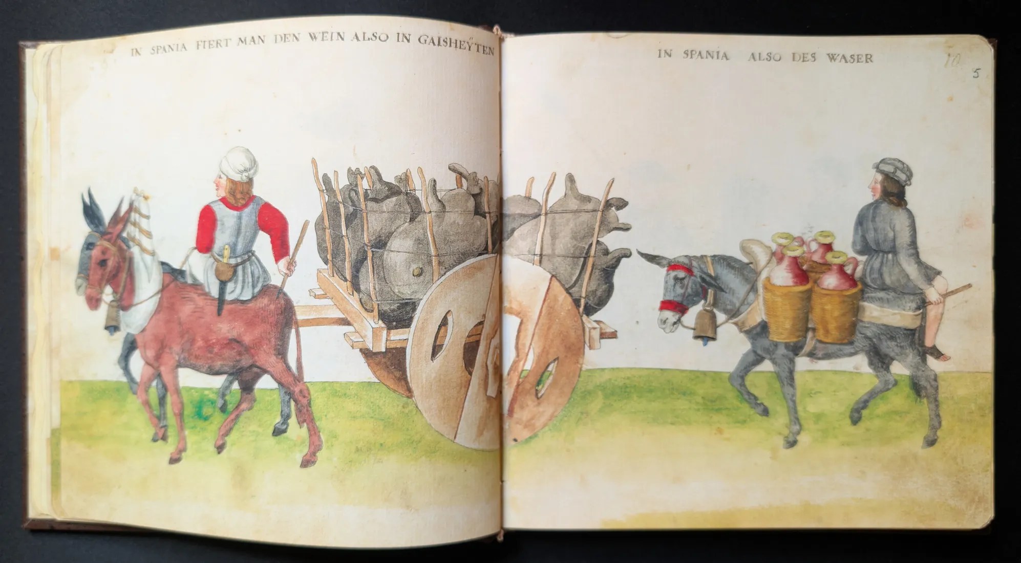 Imagen del facsímil del Códice de Trajes: Folios 4v-5r, Vendedores de agua y de vino, Editorial PIAF