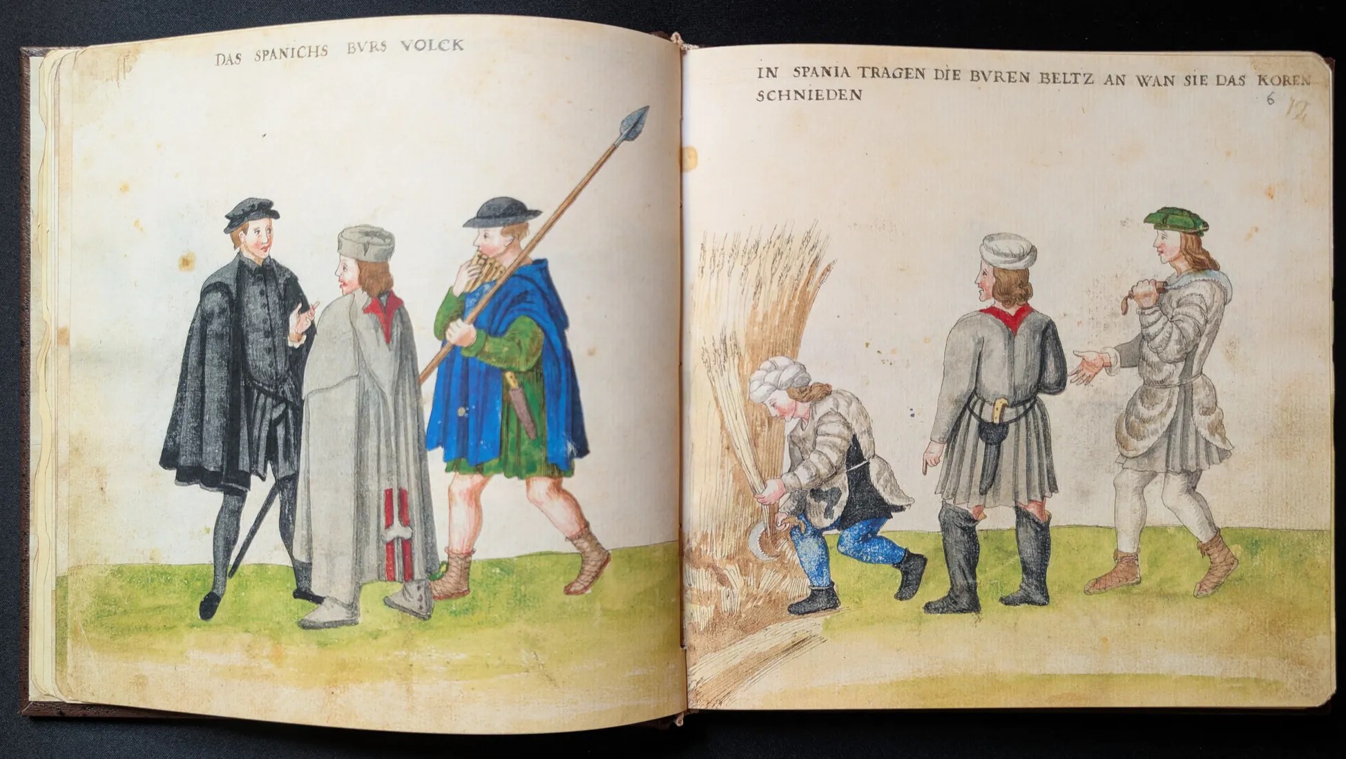 Imagen del facsímil del Códice de Trajes: Folios 5v-6r, Oficios: estudiante, artesano, flautista y campesinos, Editorial PIAF