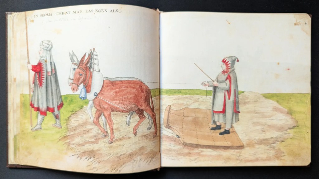 Imagen del facsímil del Códice de Trajes: Folios 6v-7r, Hombre trillando, Editorial PIAF