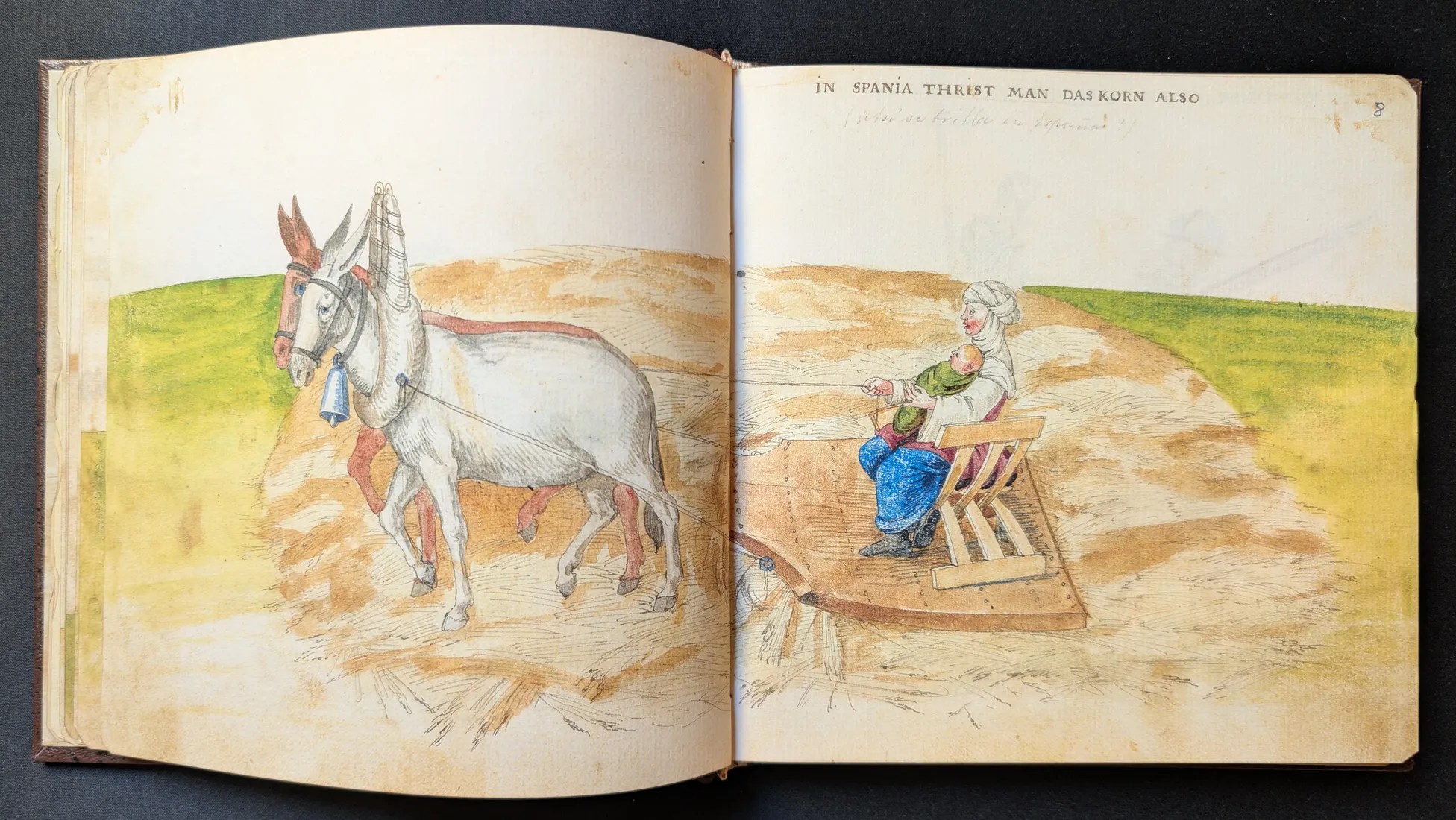 Imagen del facsímil del Códice de Trajes: Folios 7v-8r, Mujer con niño trillando, Editorial PIAF