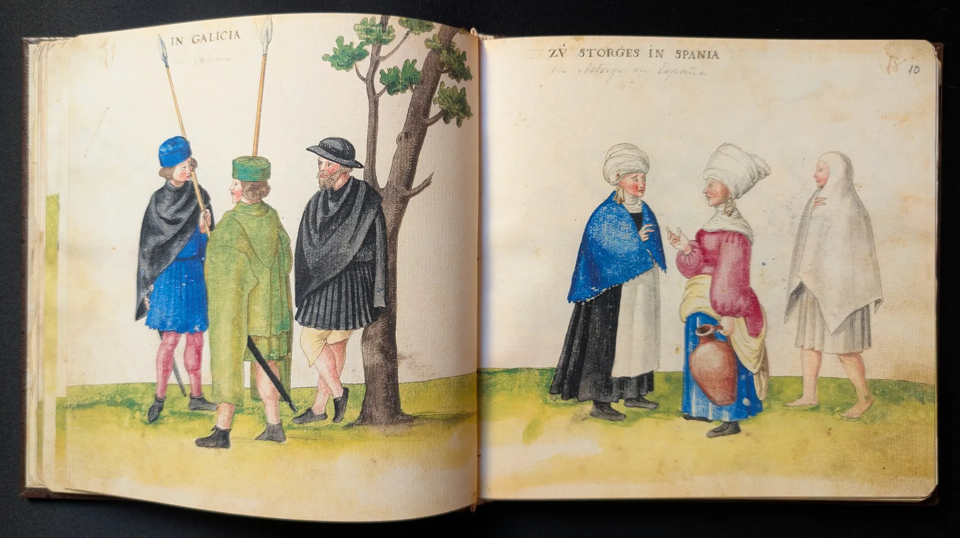Imagen del facsímil del Códice de Trajes: Folios 9v-10r, Hombres de Galicia y mujeres de Astorga, Editorial PIAF