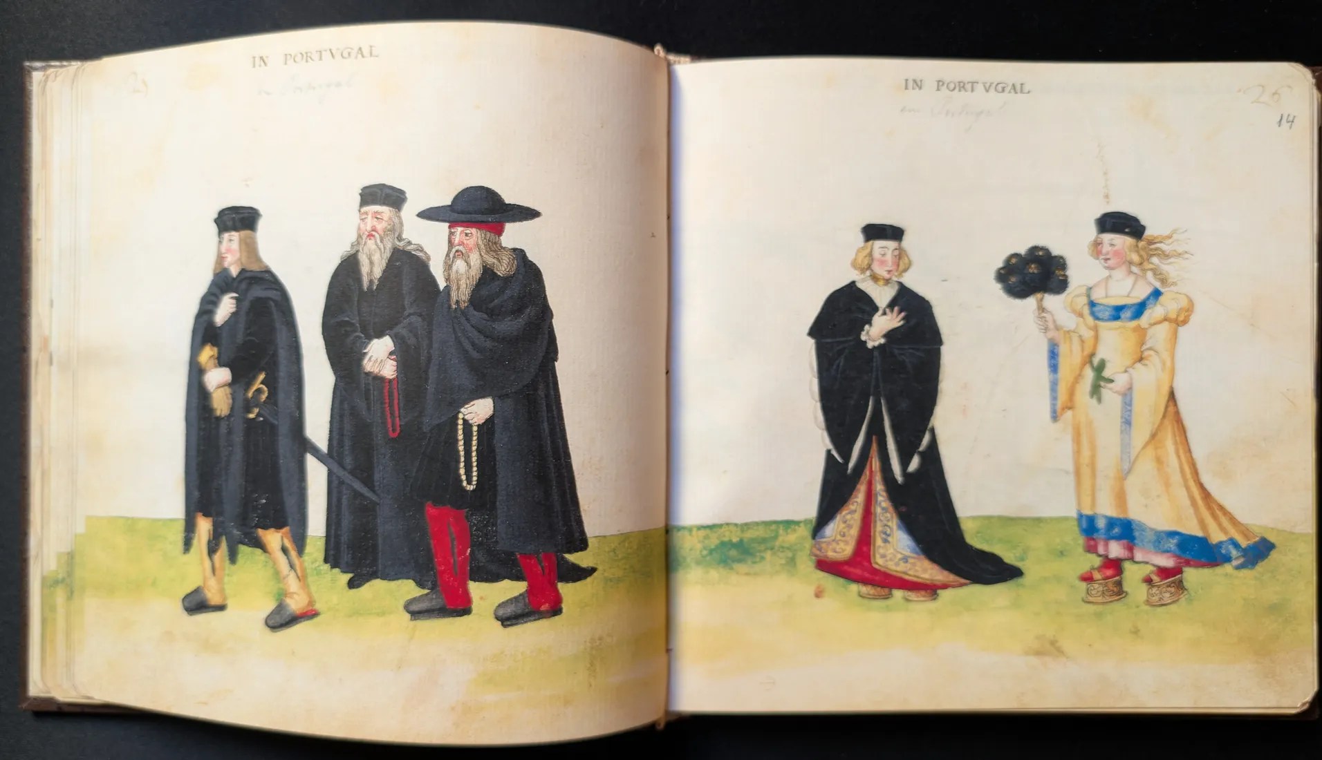 Imagen del facsímil del Códice de Trajes: Folios 13v-14r, hombres y mujeres de Portugal, Editorial PIAF