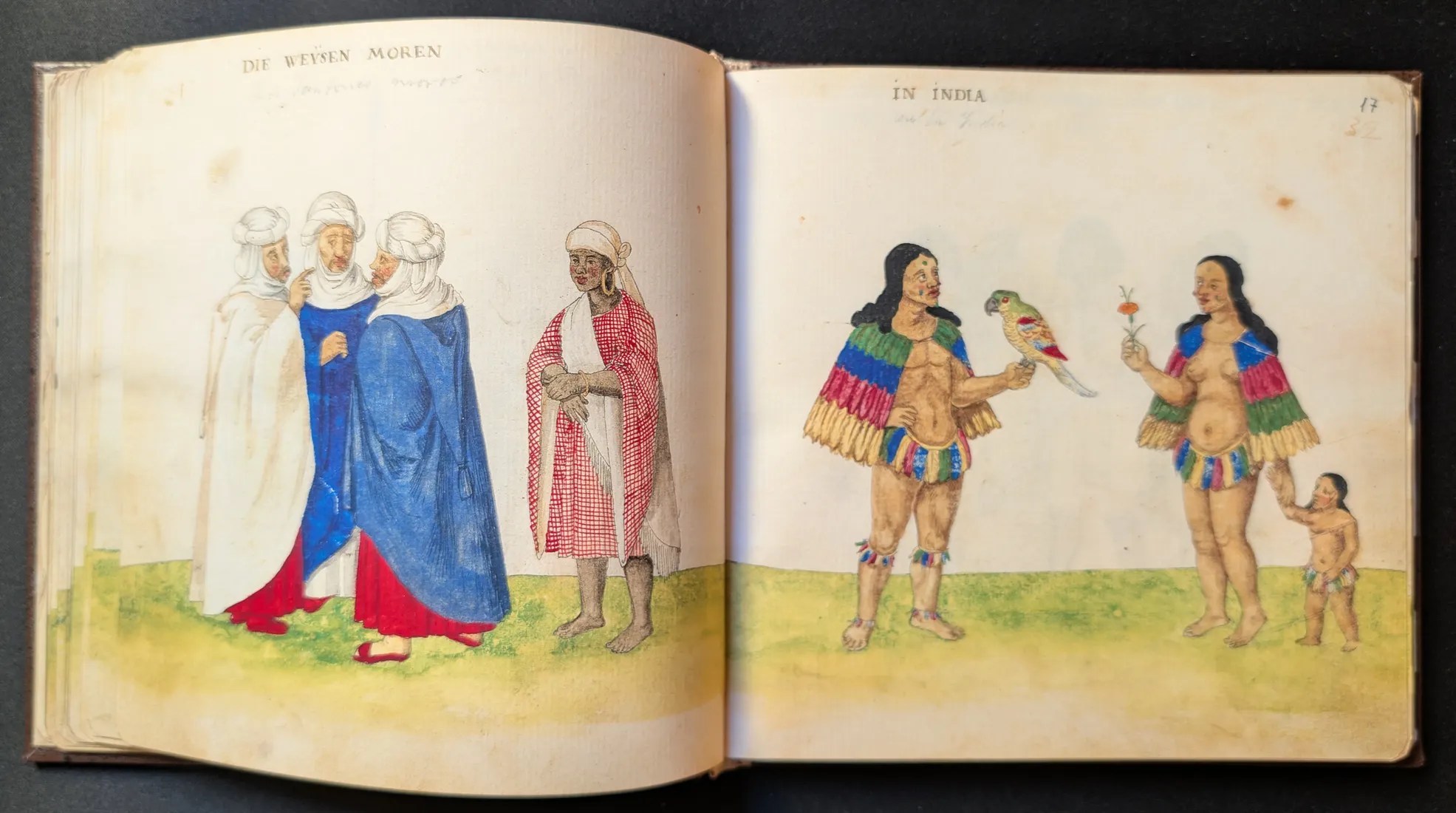 Imagen del facsímil del Códice de Trajes: Folios 16v-17r, Santones y mujer y pareja de indígenas con niño, Editorial PIAF