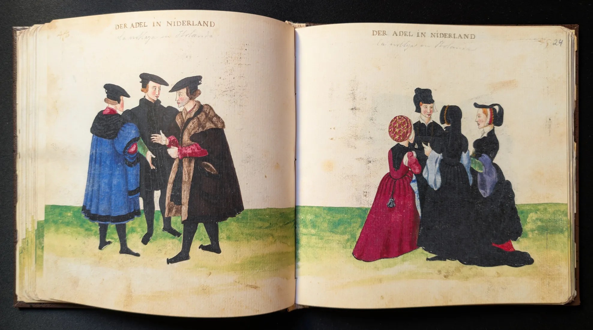 Imagen del facsímil del Códice de Trajes: Folios 23v-24r, Hombres y mujeres de los Países Bajos, Editorial PIAF