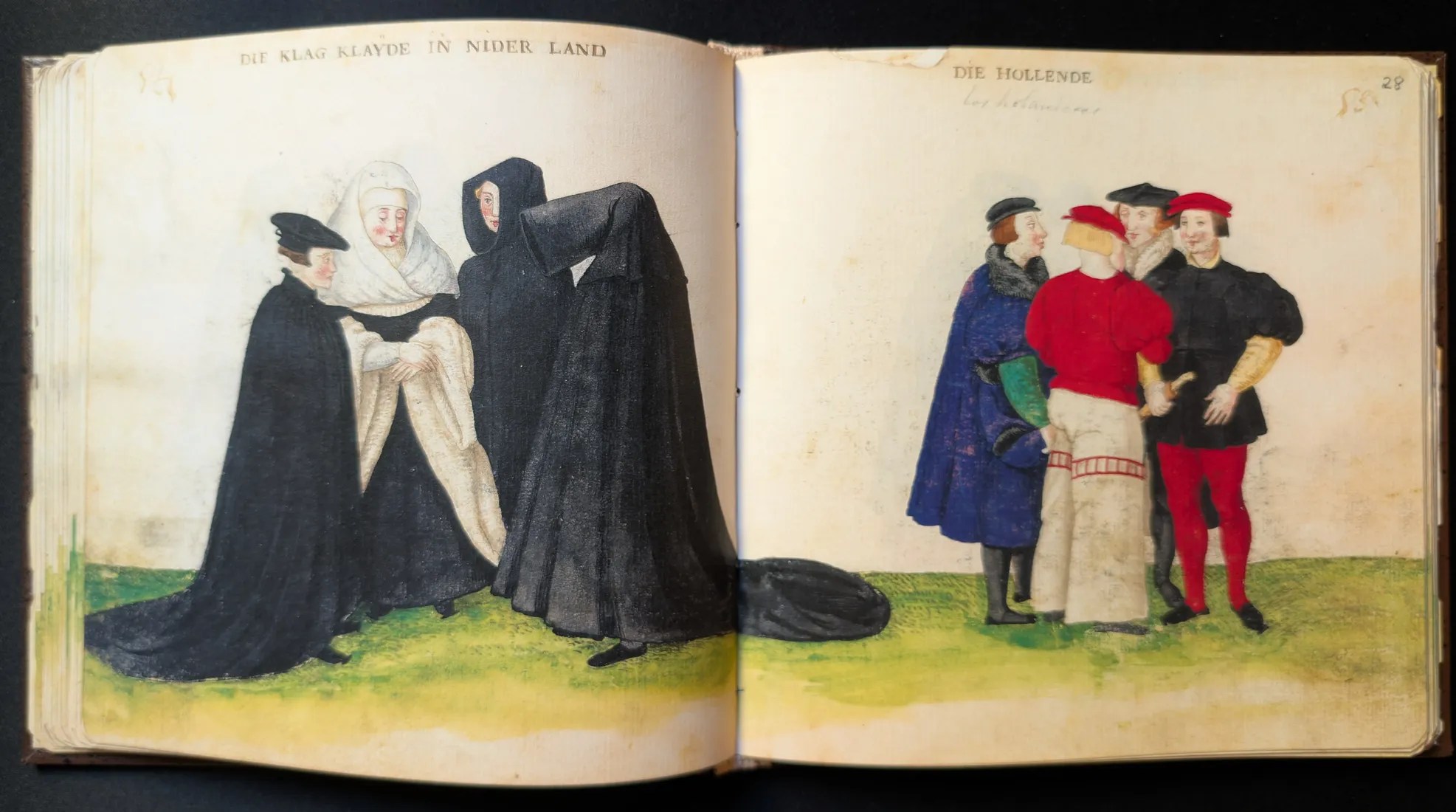 Imagen del facsímil del Códice de Trajes: Folios 27v-28r, Grupo de plañideras y grupo de hombres de los Países Bajos, Editorial PIAF