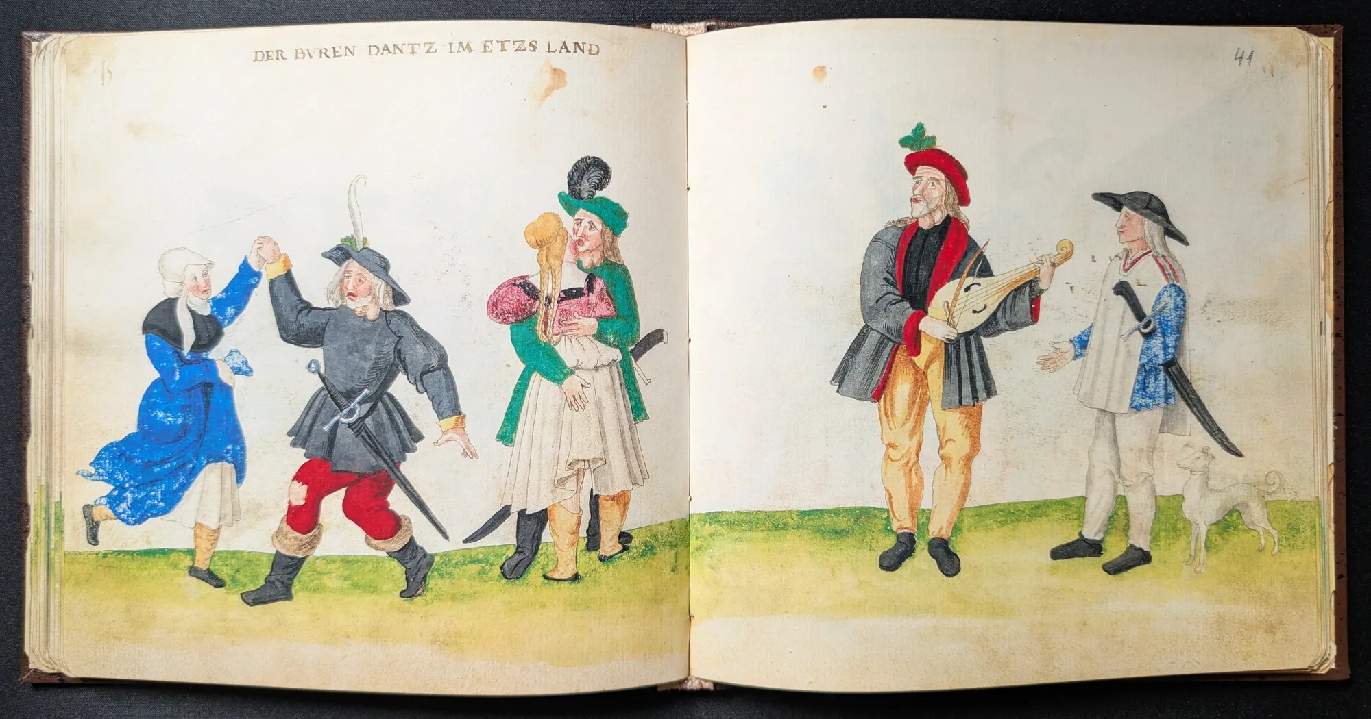 Imagen del facsímil del Códice de Trajes: Folios 40v-41r, Parejas de campesinos bailando y músicos alemanes, Editorial PIAF