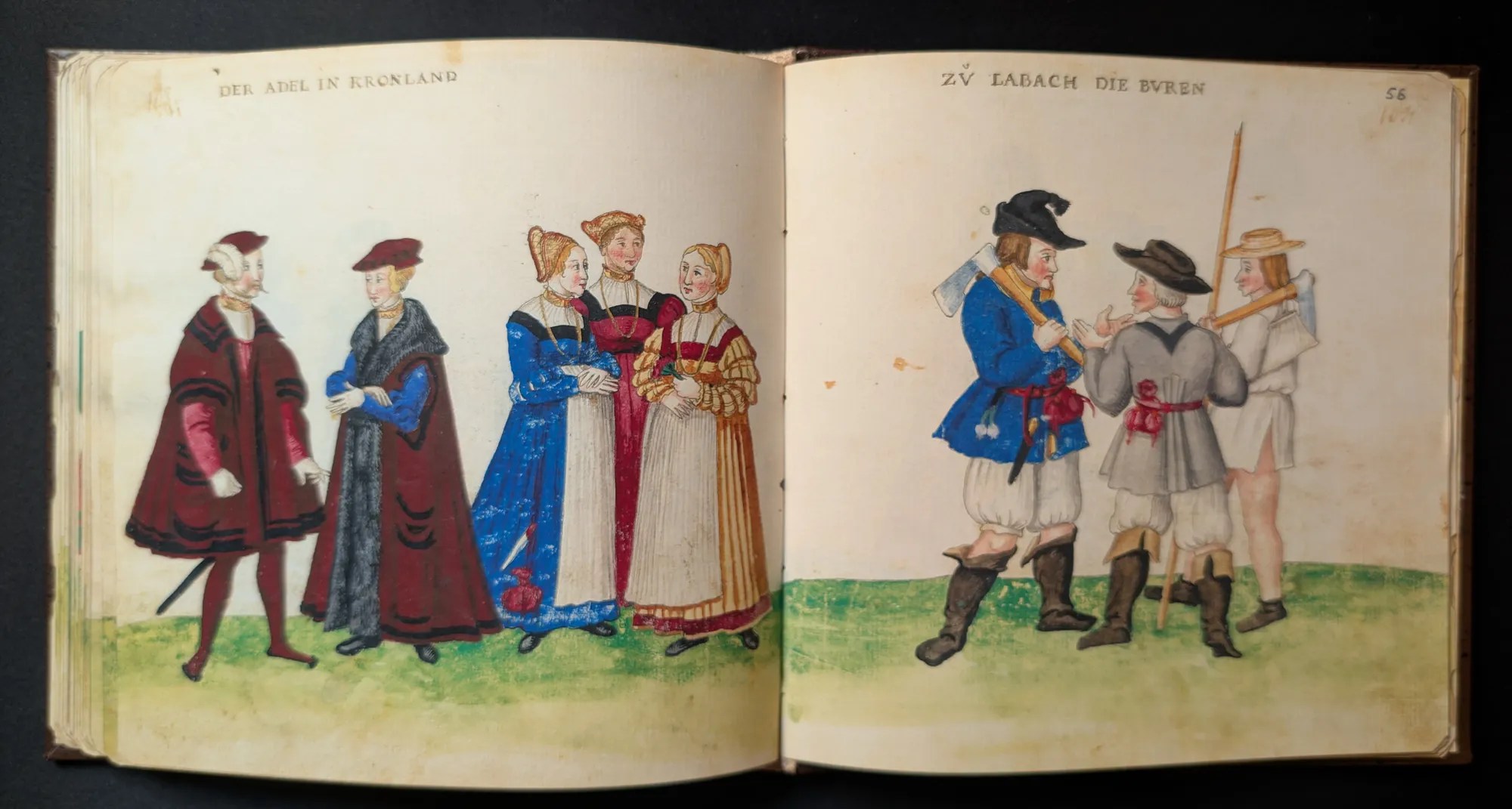 Imagen del facsímil del Códice de Trajes: Folios 55v-56r, Hombres, mujeres y campesinos de Austria, Editorial PIAF