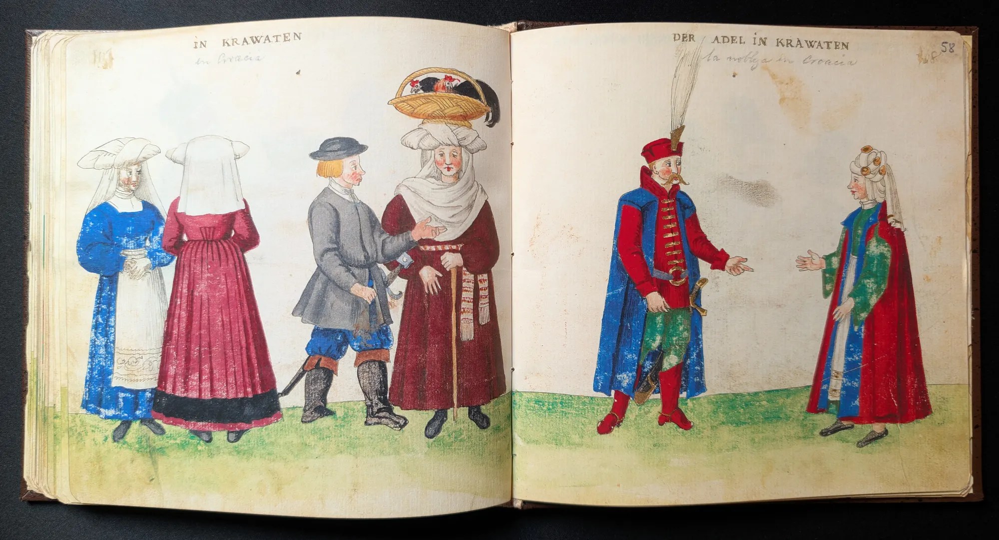 Imagen del facsímil del Códice de Trajes: Folios 57v-58r, Hombres y mujeres de Croacia, Editorial PIAF