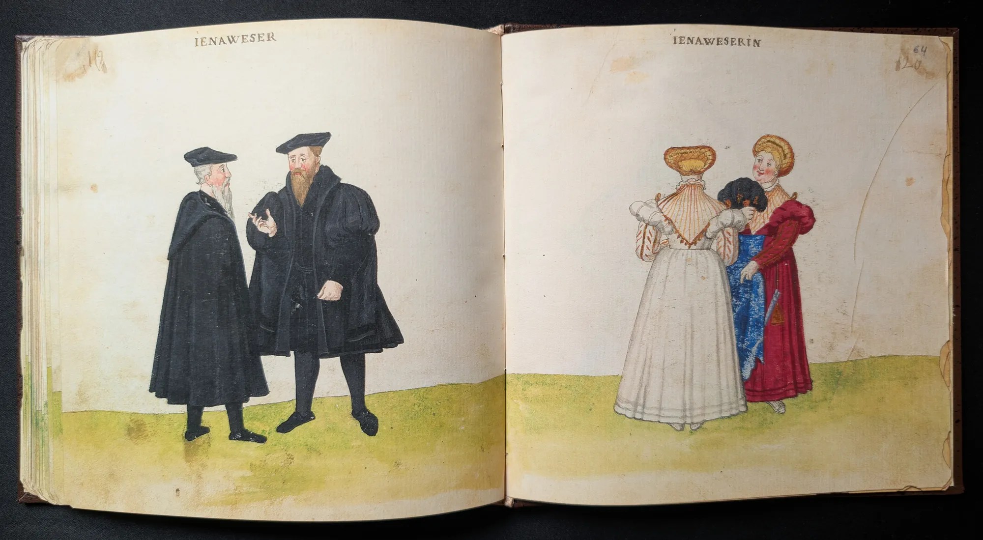 Imagen del facsímil del Códice de Trajes: Folios 63v-64r, Hombre y mujeres de Italia, Editorial PIAF