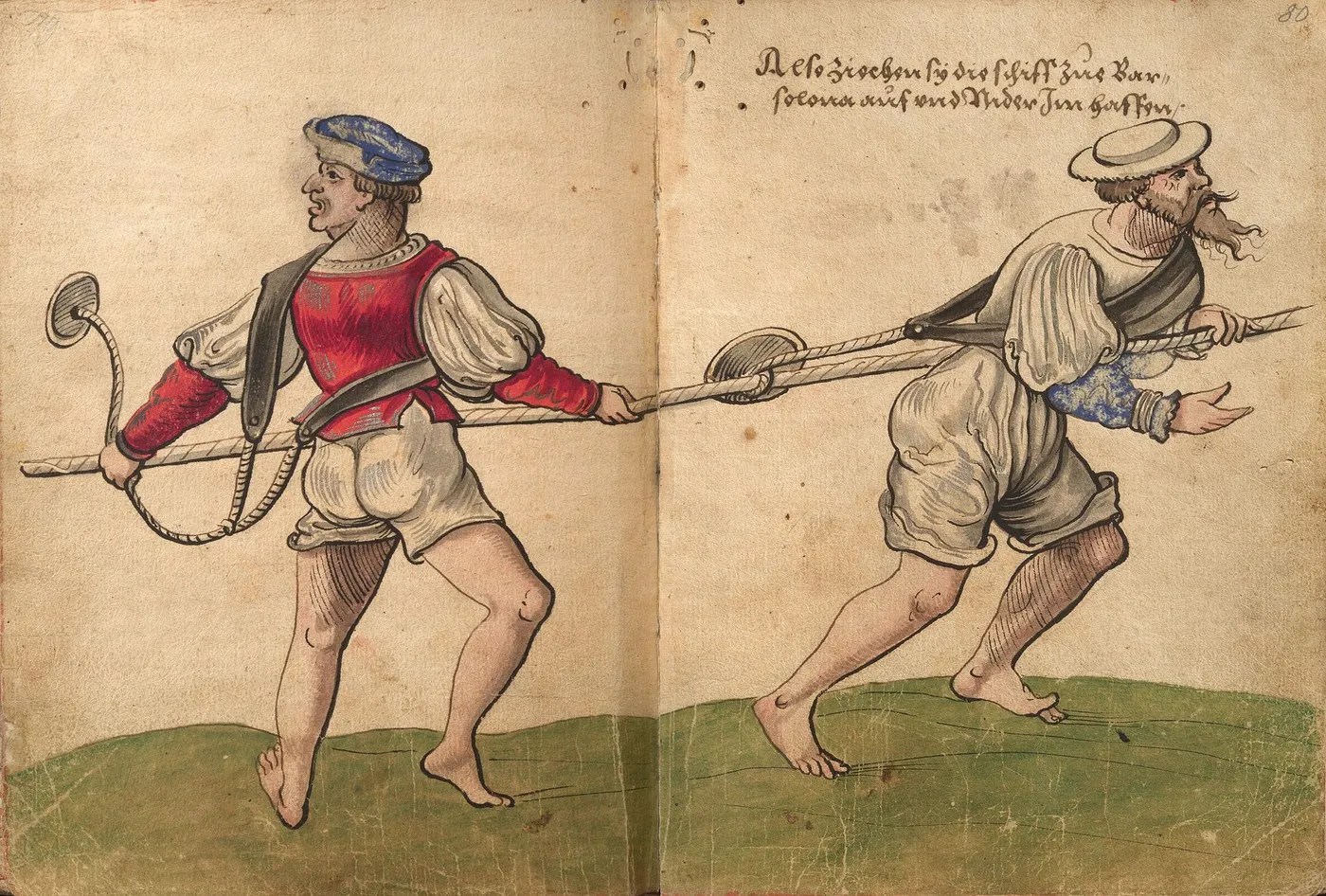 Cómo se arrastran los barcos en el puerto de Barcelona (España), folios 79-80 del Das Trachtenbuch de Weiditz