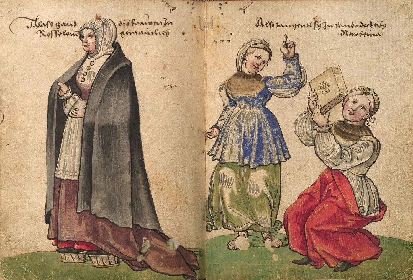 Traje femenino en Rosellón y Danza en la región de Narbona (Francia), folios 91-92 del Das Trachtenbuch de Weiditz