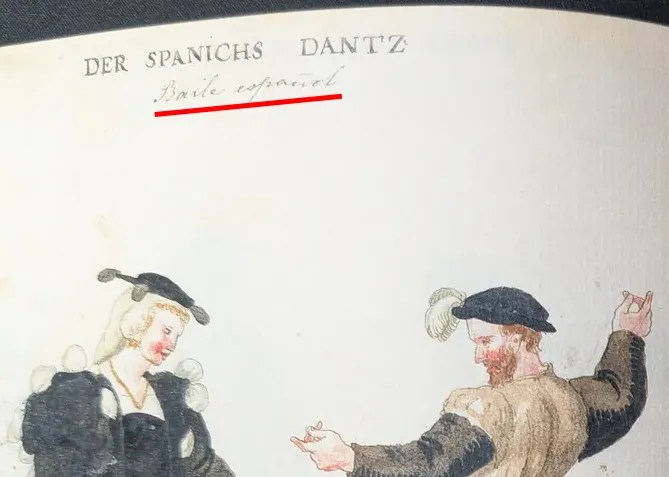 Imagen de anotaciones en el manuscrito de títulos traducidos al español: 'Baile Español'