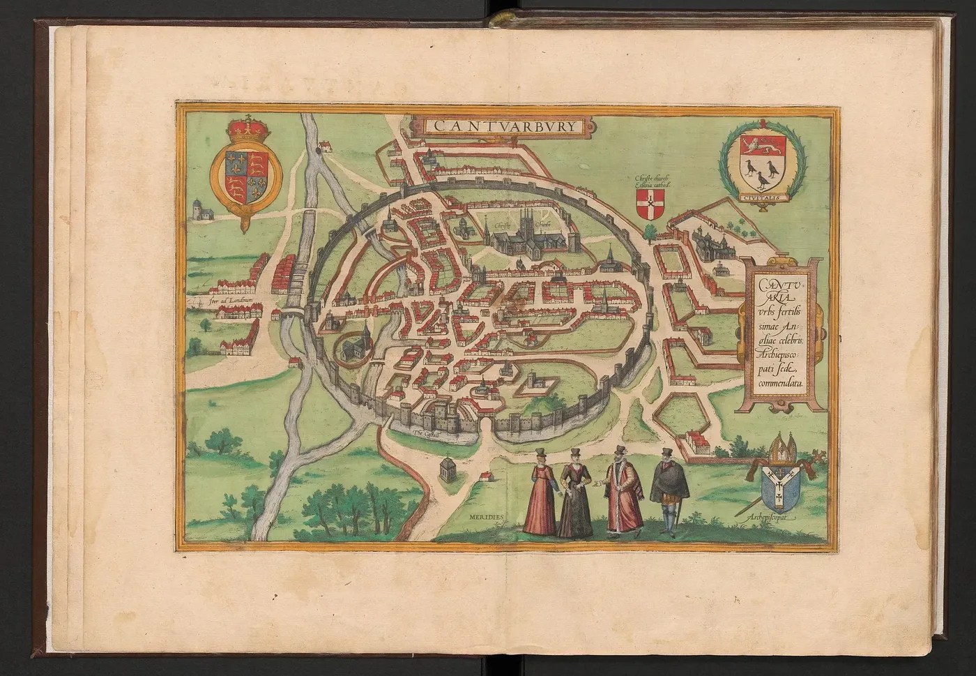 Imagen del mapa y los trajes de Canterbury (Inglaterra), del Civitates Orbis Terrarum