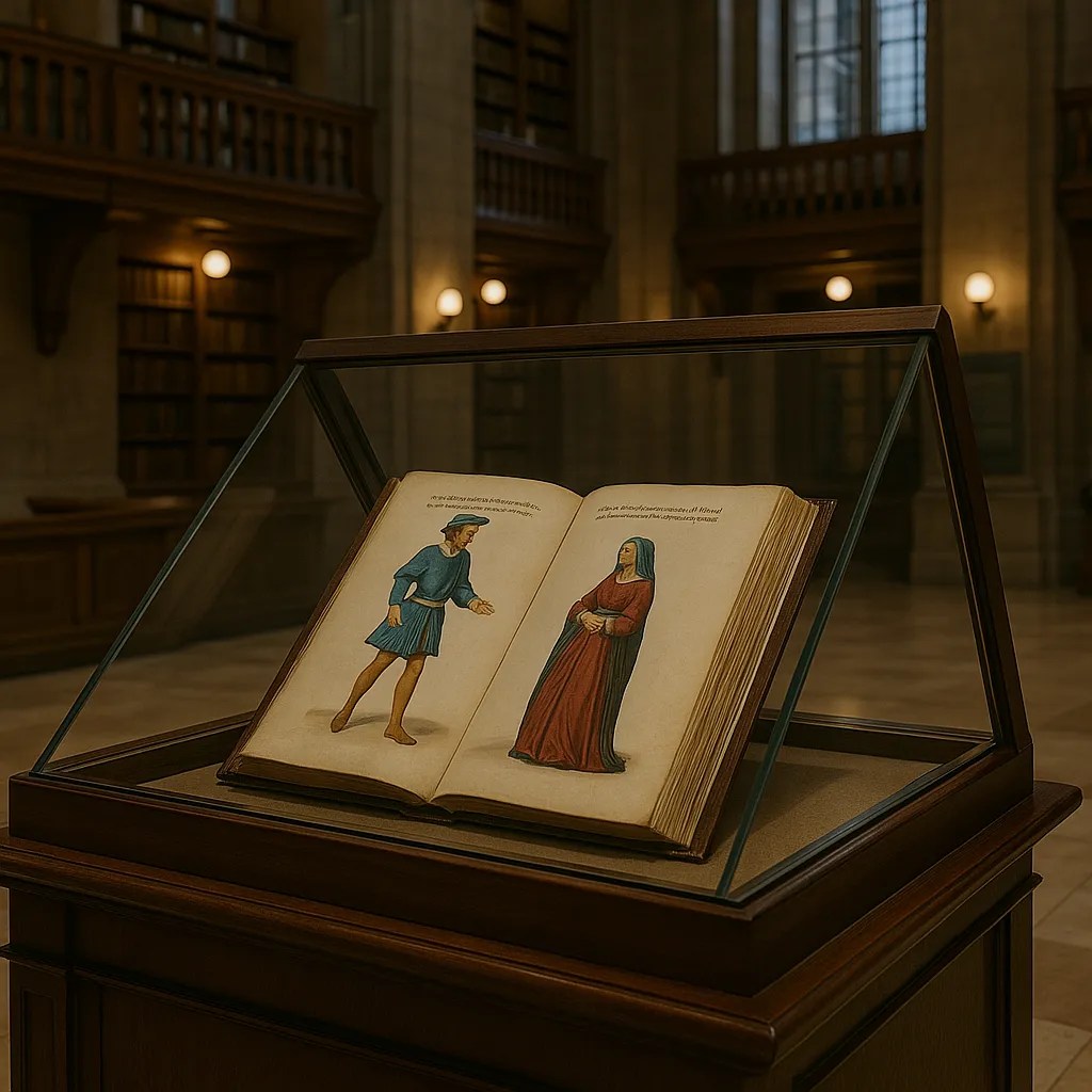 Representación de un Códice de trajes en la vitrina de un museo