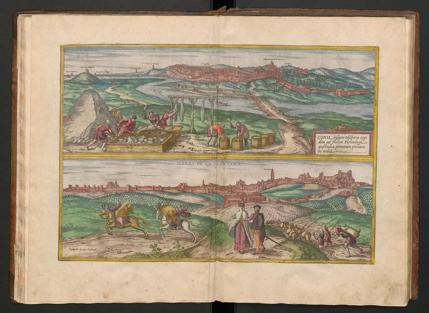 Imagen del mapa y los trajes de Conil de la Frontera y Jerez de la Frontera (Cádiz, España), del Civitates Orbis Terrarum