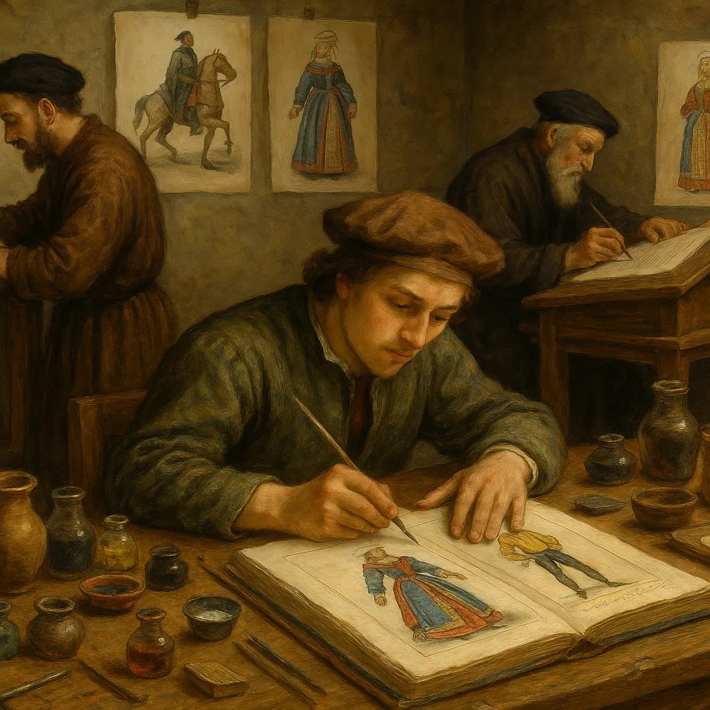 Representación de una escena en un taller renacentista