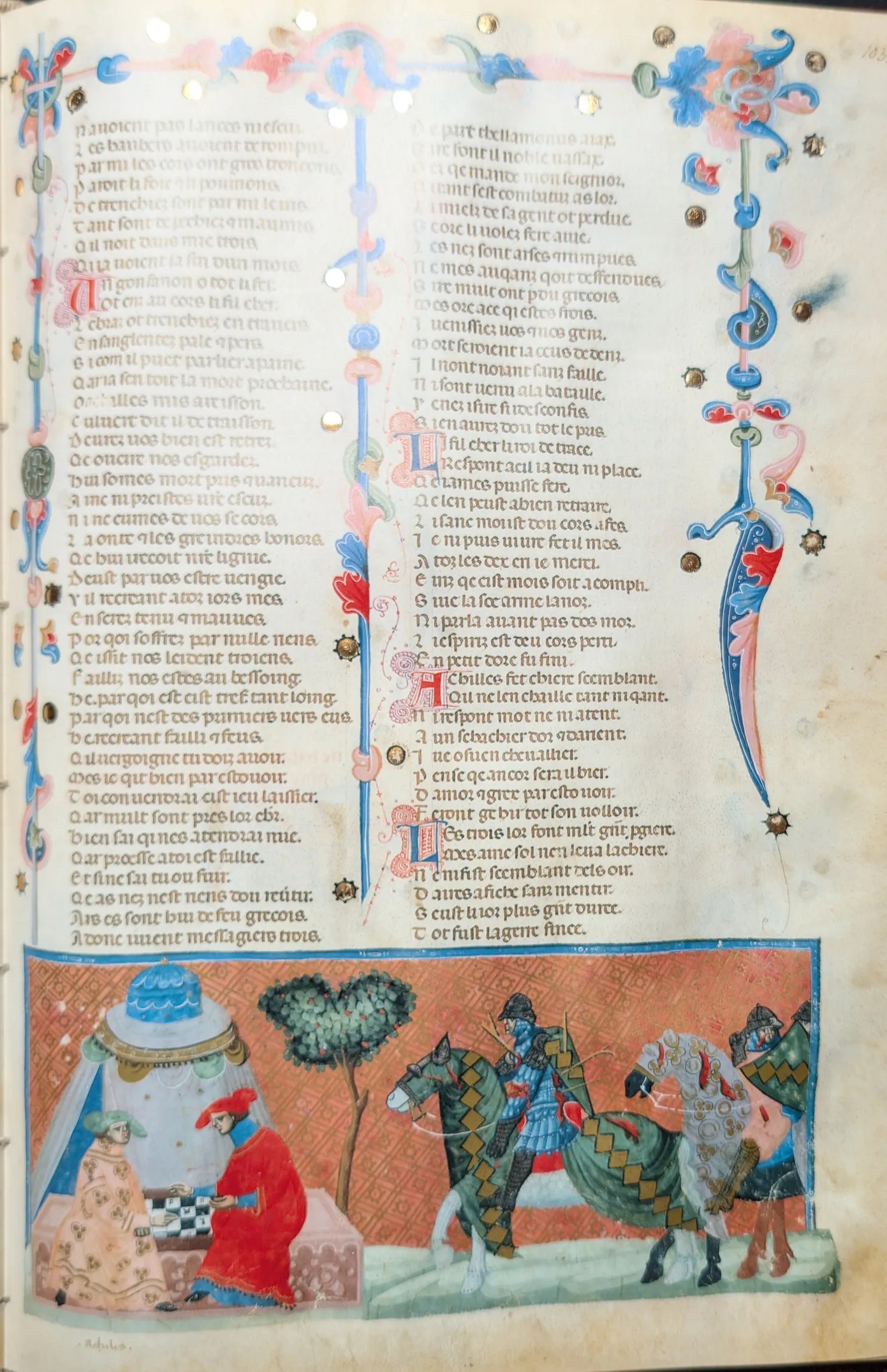 Códice de la Guerra de Troya, Editorial AyN, folio 103r Aquiles juega al ajedrez mientras los caballeros le piden ayuda