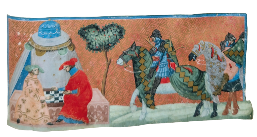 Códice de la Guerra de Troya, Editorial AyN, Aquiles juega al ajedrez mientras los caballeros le piden ayuda