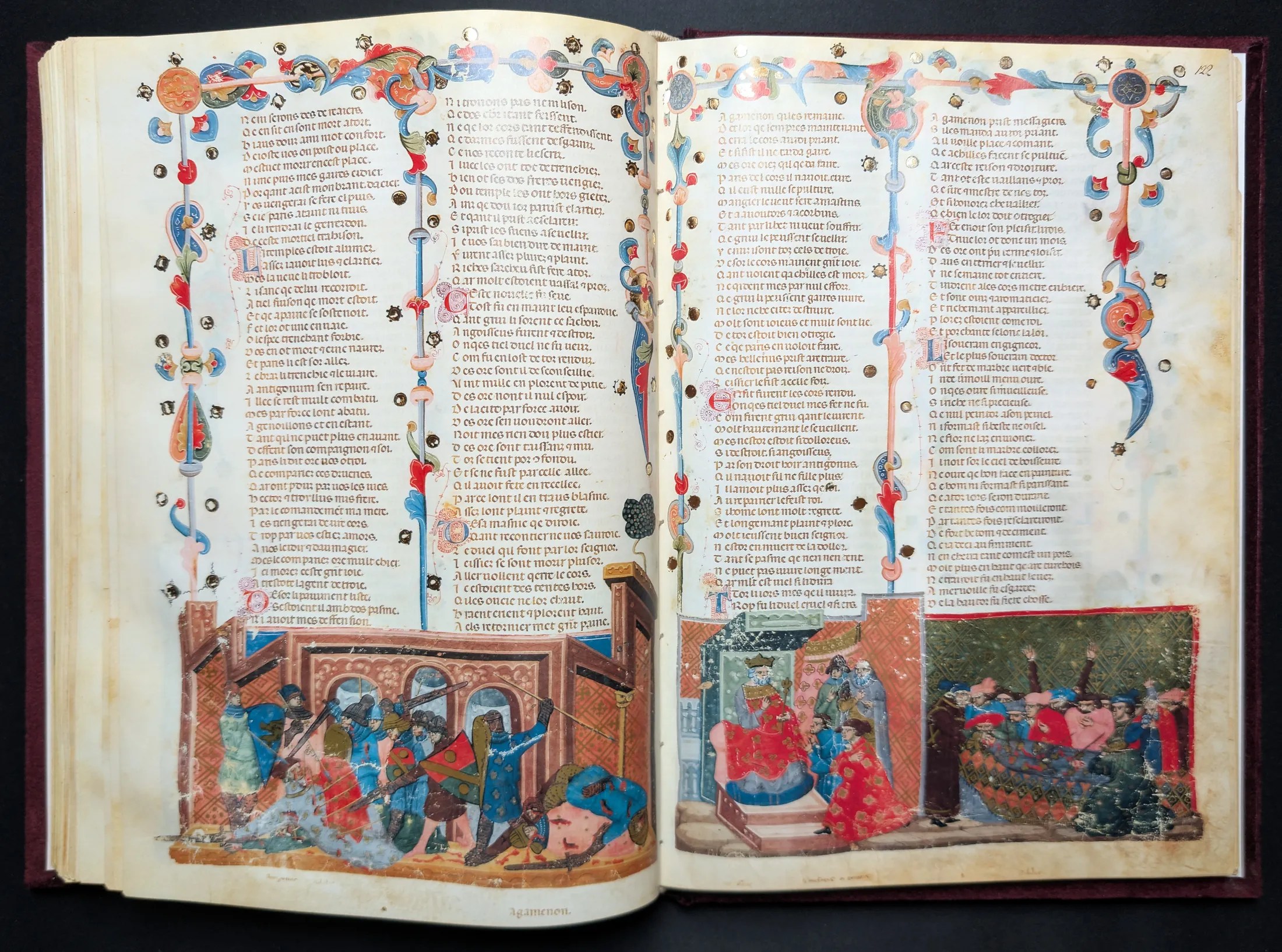 Códice de la Guerra de Troya, Editorial AyN, folio 121v Emboscada y muerte de Aquiles, 122r El mensajero de los griegos pide a Príamo el cuerpo de Aquiles