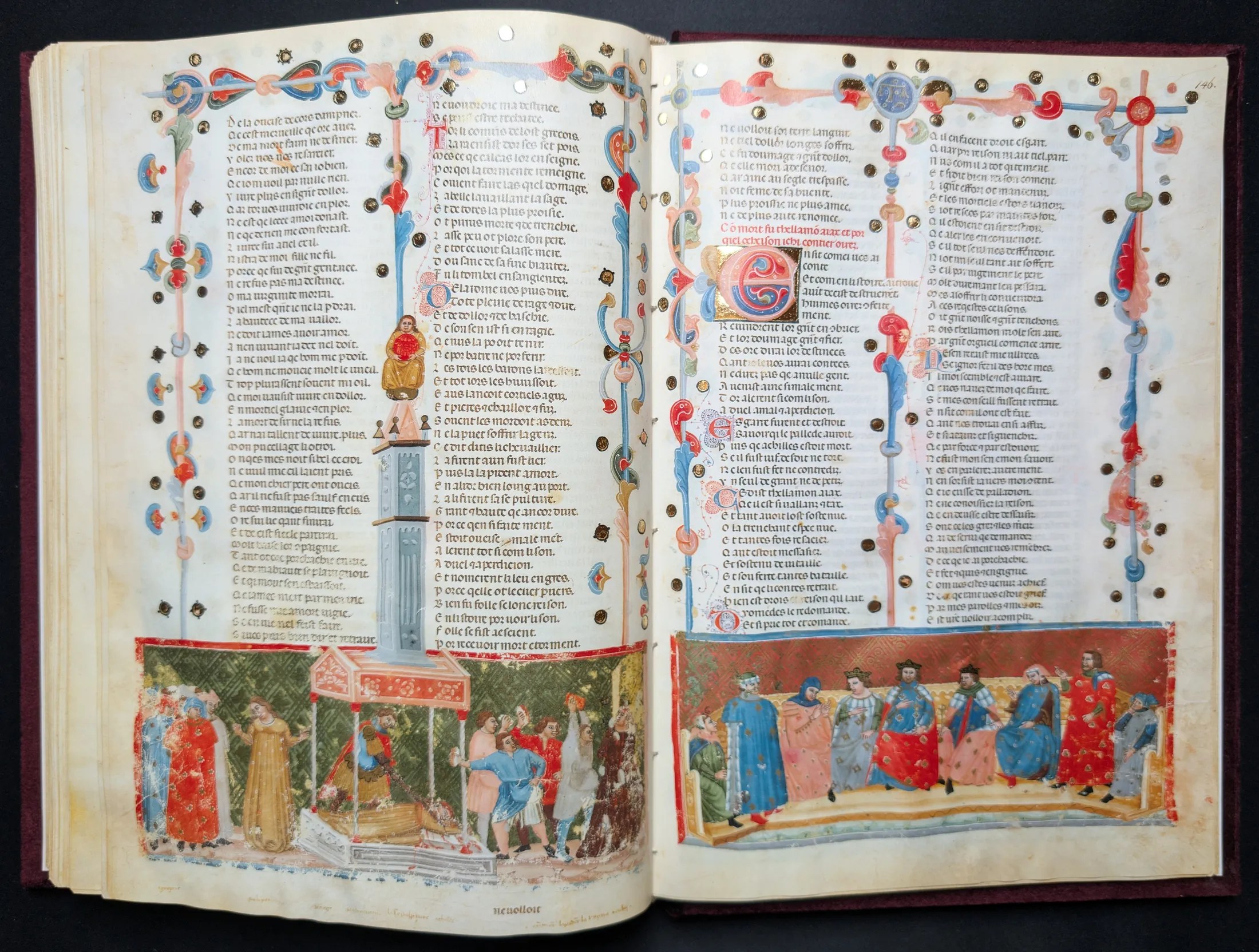 Códice de la Guerra de Troya, Editorial AyN, folio 145v Pirro mata a Políxena en el sepulcro de Aquiles y Hécuba muere apedreada, 146r Disputa del Paladio: discuten Ulises y Áyax Telamonio