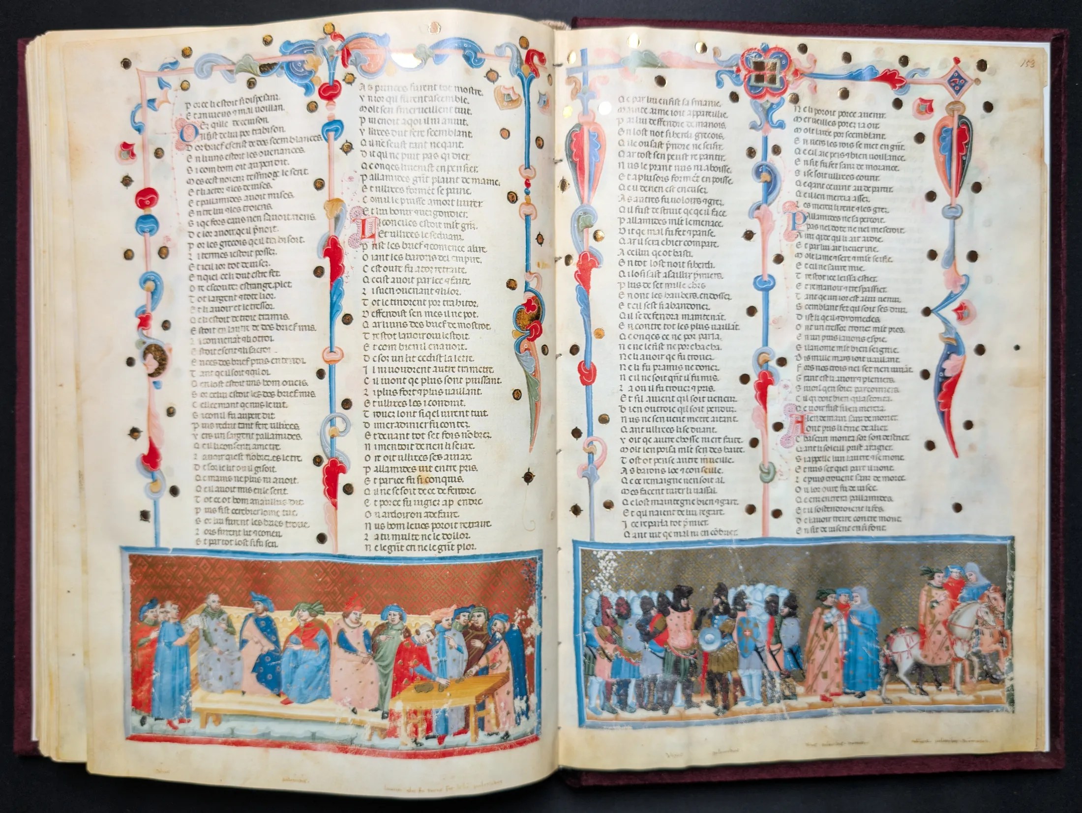 Códice de la Guerra de Troya, Editorial AyN, folio 152v Ulises intenta acusar a Palamedes de traición a los griegos, 153r Ulises habla a Palamedes de un tesoro en un pozo y van a buscarlo