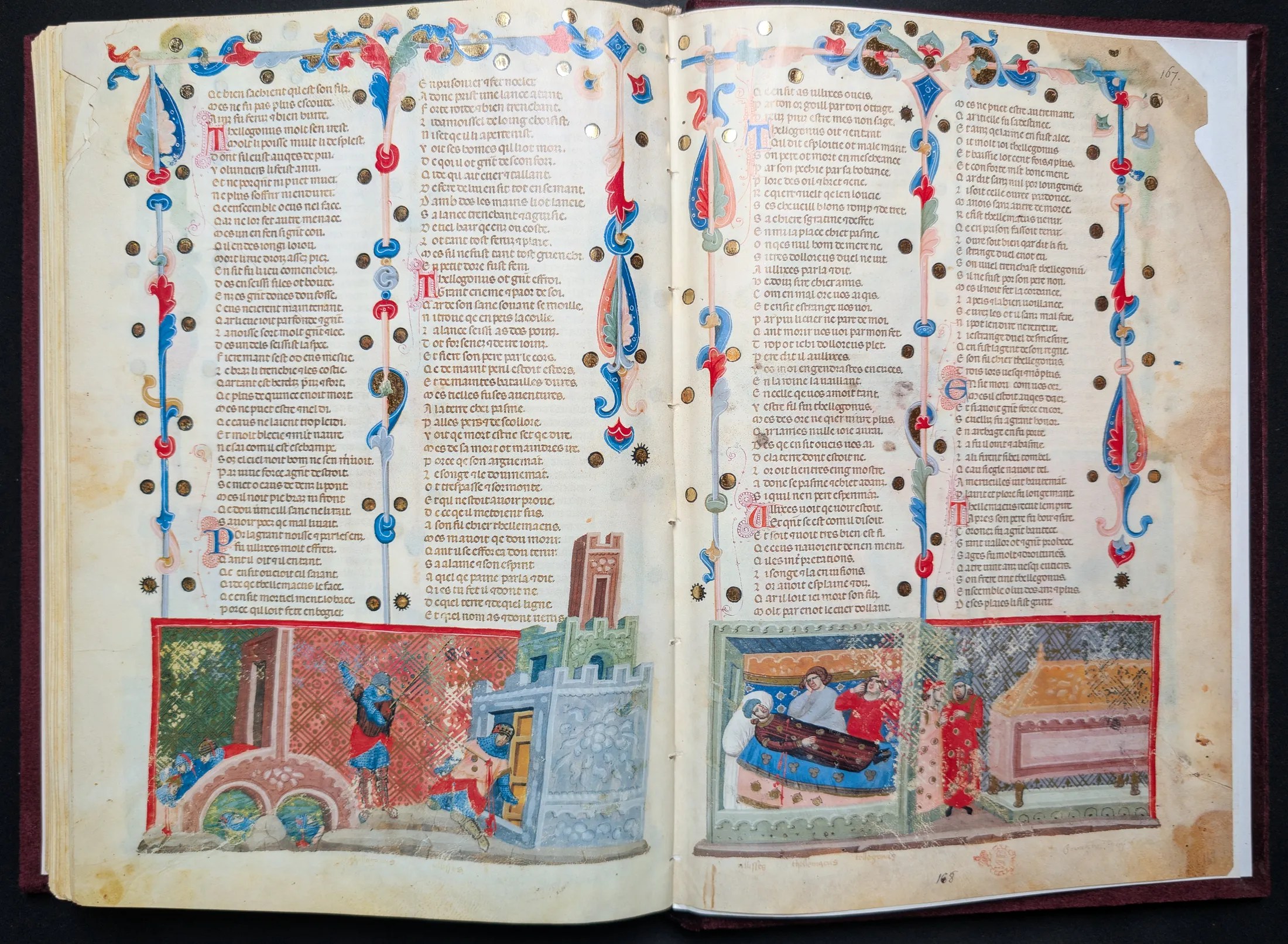 Códice de la Guerra de Troya, Editorial AyN, folio 166v Telégono entierra su lanza en el cuerpo de Ulises, 167r Duelo de Telémaco y Telégono por Ulises