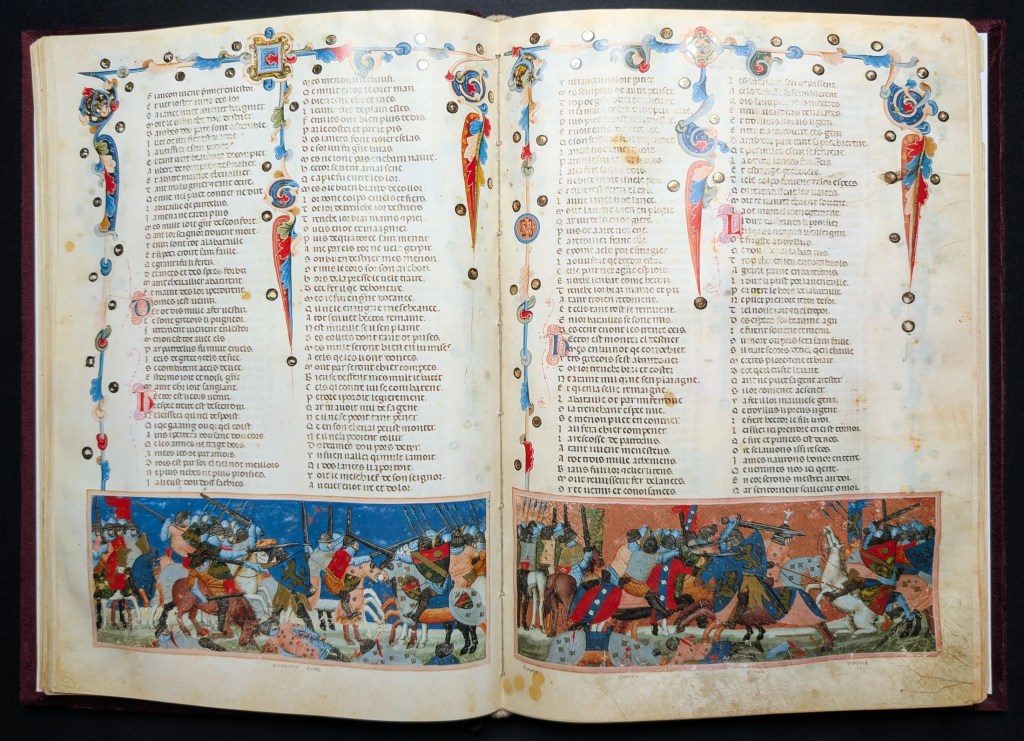 Códice de la Guerra de Troya, Editorial AyN, folio 43v Héctor lucha por las armas de Patroclo, folio 44r Héctor se enfrenta a Merión y Menesteo derriba a Troilo