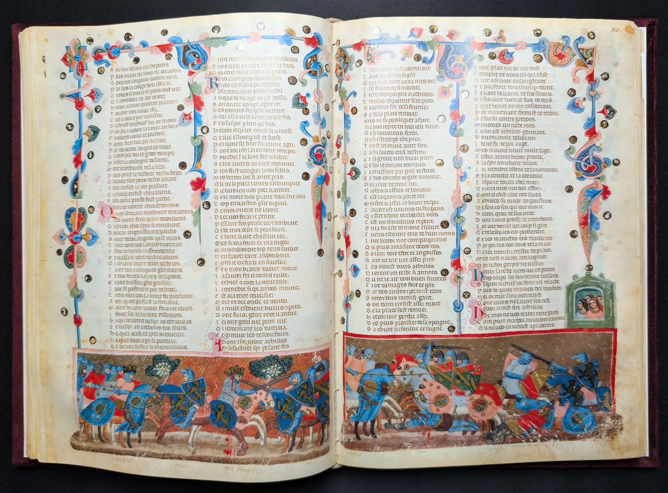 Códice de la Guerra de Troya, Editorial AyN, folio 79v El rey Fídipo arremete contra Héctor y Héctor mata a Jantipo, 80r Aquiles derriba a Licáon y Aquiles mata a Meríones