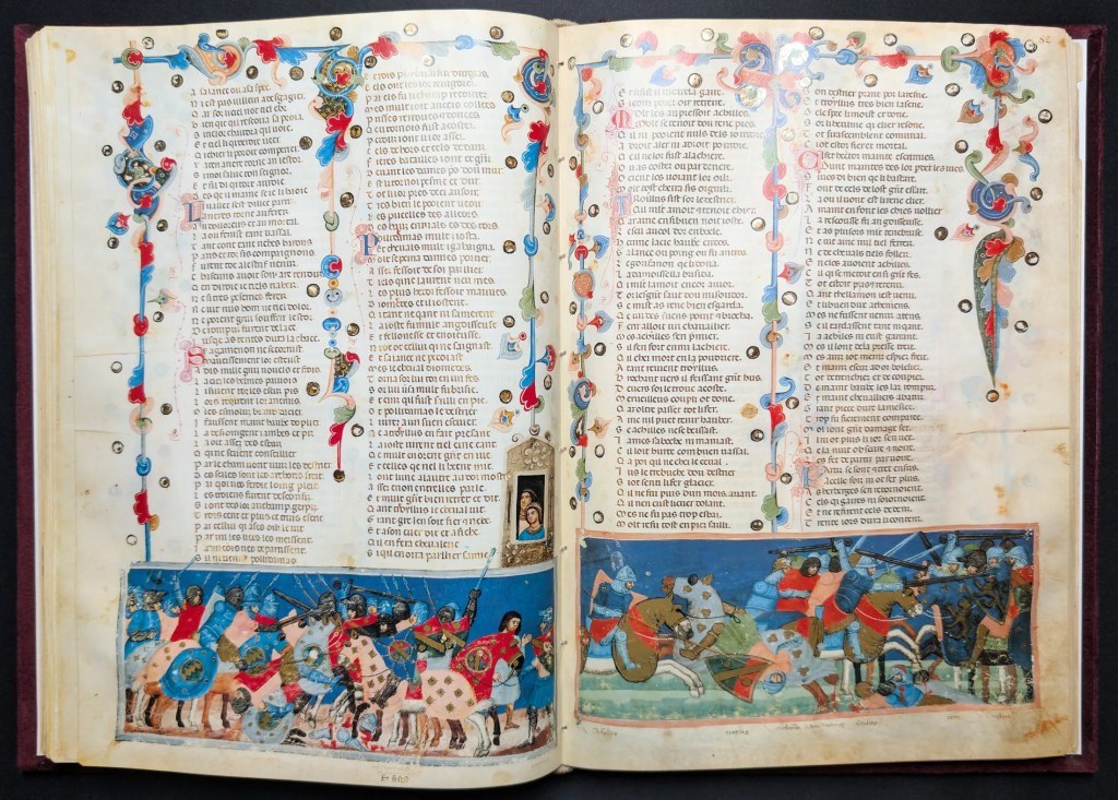 Códice de la Guerra de Troya, Editorial AyN, folio 81v Polidamante consigue el caballo de Diomedes para Troilo, 82r Aquiles devuelve el golpe a Troilo