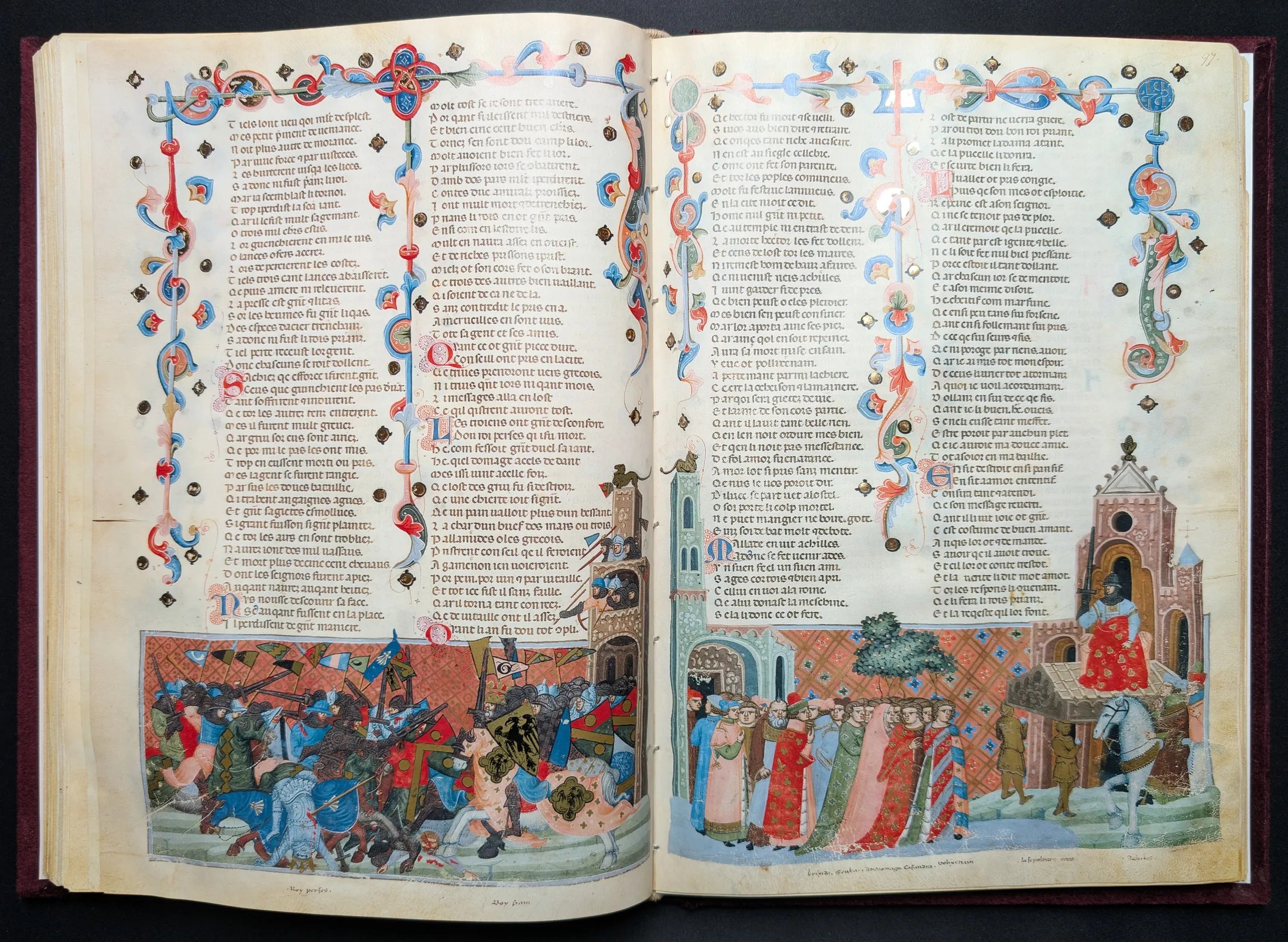 Códice de la Guerra de Troya, Editorial AyN, folio 96v Muerte del rey Perses, 97r Aniversario de la muerte de Héctor: Aquiles se enamora de Políxena