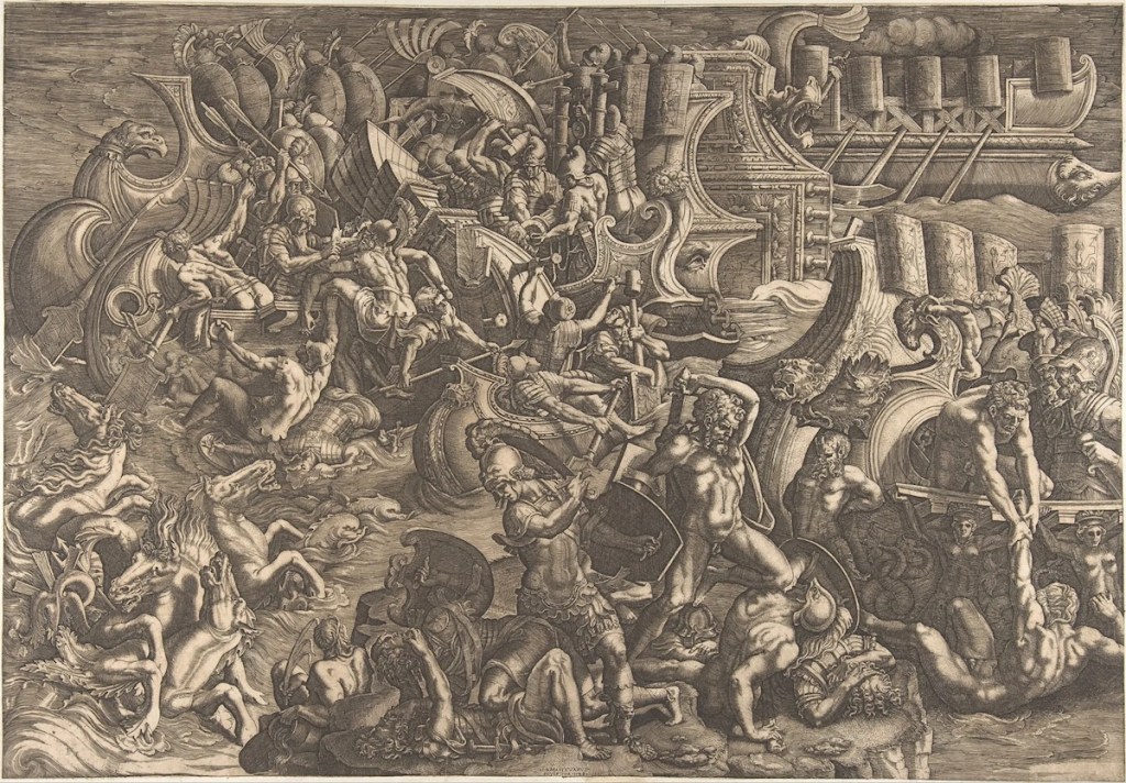 Grabado de 1538: Batalla naval entre griegos y troyanos. Pintado por Giovanni Battista Scultori (1503–1575)