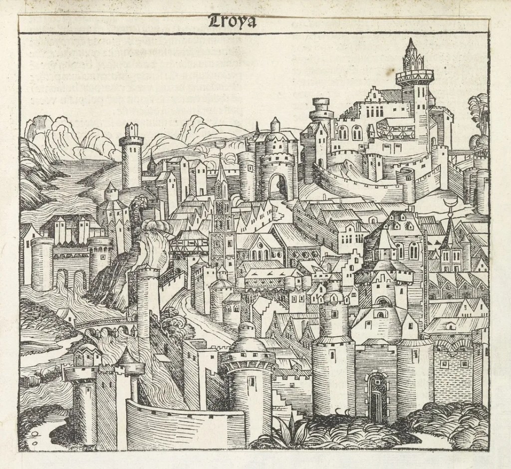 Grabado: Batalla naval entre griegos y troyanos. Pintado por Giovanni Battista Scultori. Expuesto en el Metropolitan Museum of Art, Nueva York