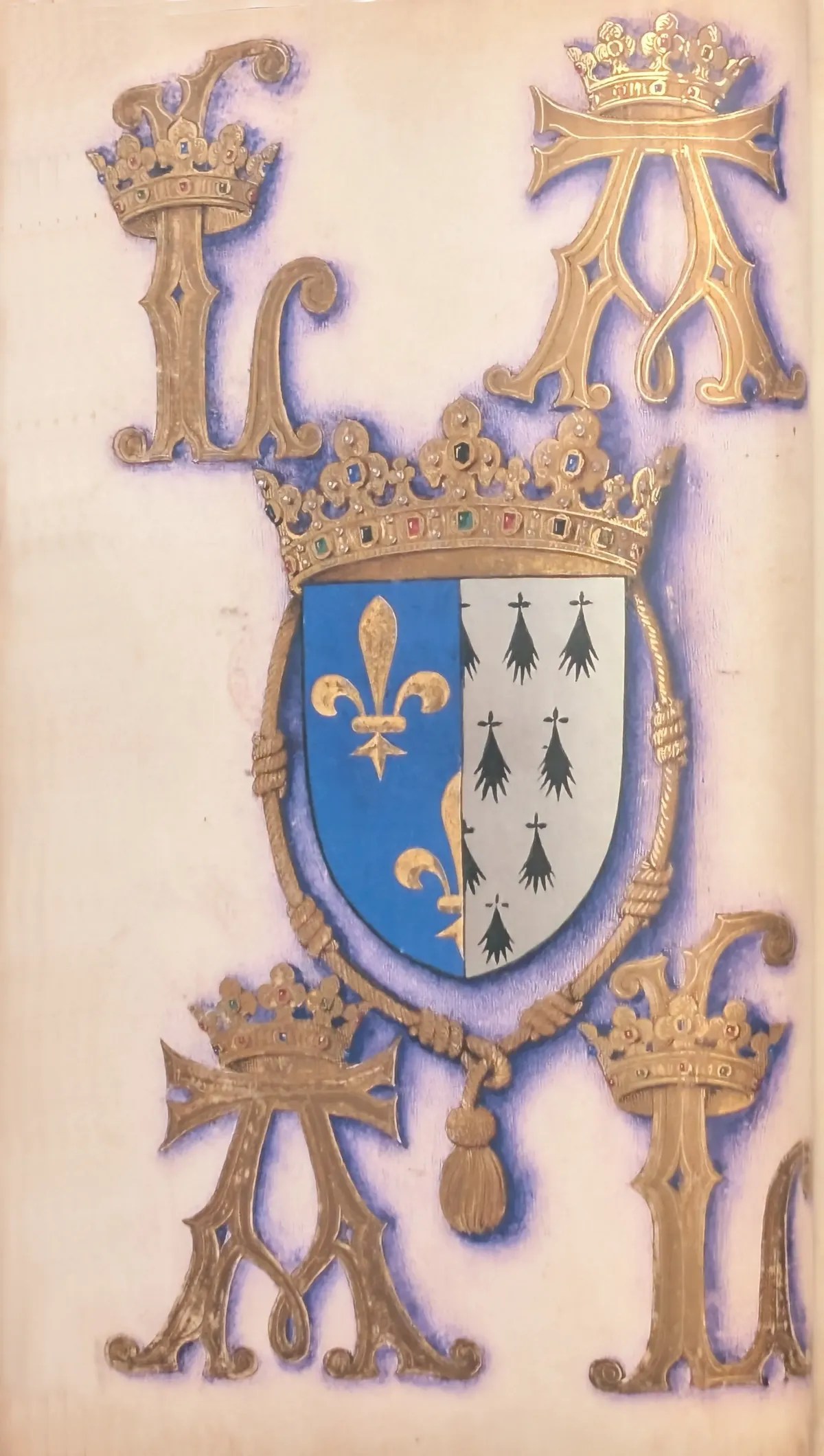 Grandes Horas de Ana de Bretaña, Editorial Moleiro, folio 1v Iniciales y escudos de Ana de Bretaña y Luis XII de Francia