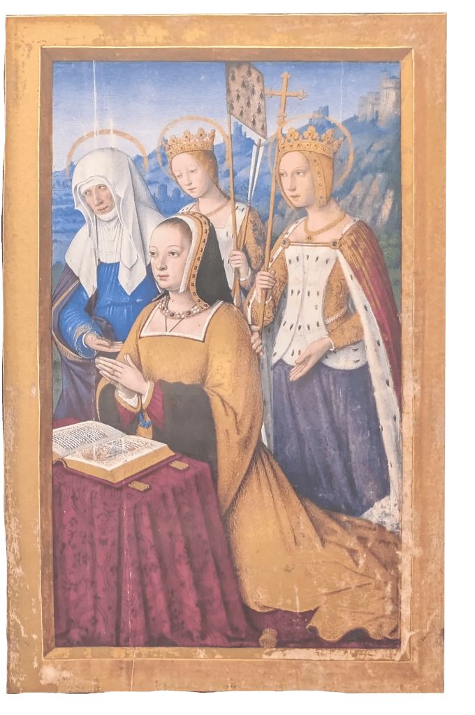 Grandes Horas de Ana de Bretaña, Editorial Moleiro, folio 3r Ana de Bretaña en oración presentada por tres santas