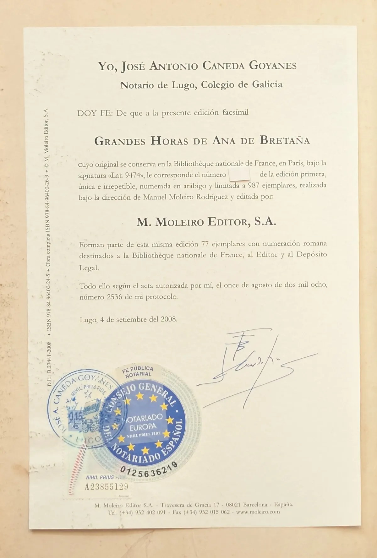 Acta Notarial del facsímil de las Grandes Horas de Ana de Bretaña