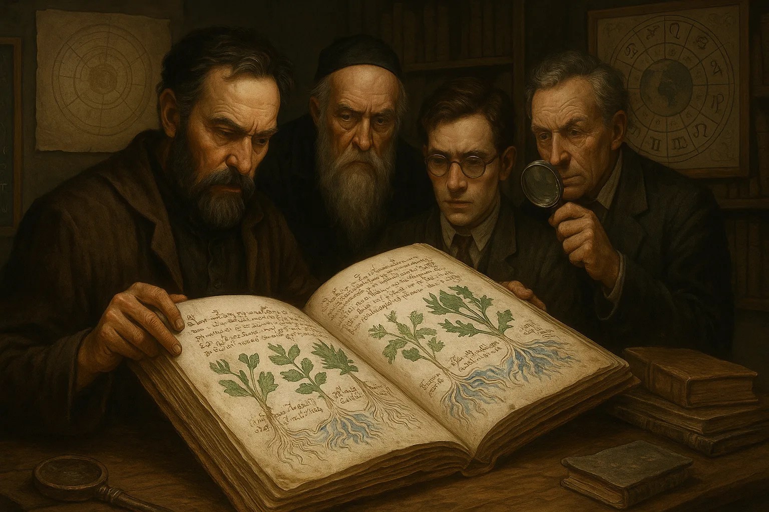 Representación de científicos e investigadores estudiando el Voynich