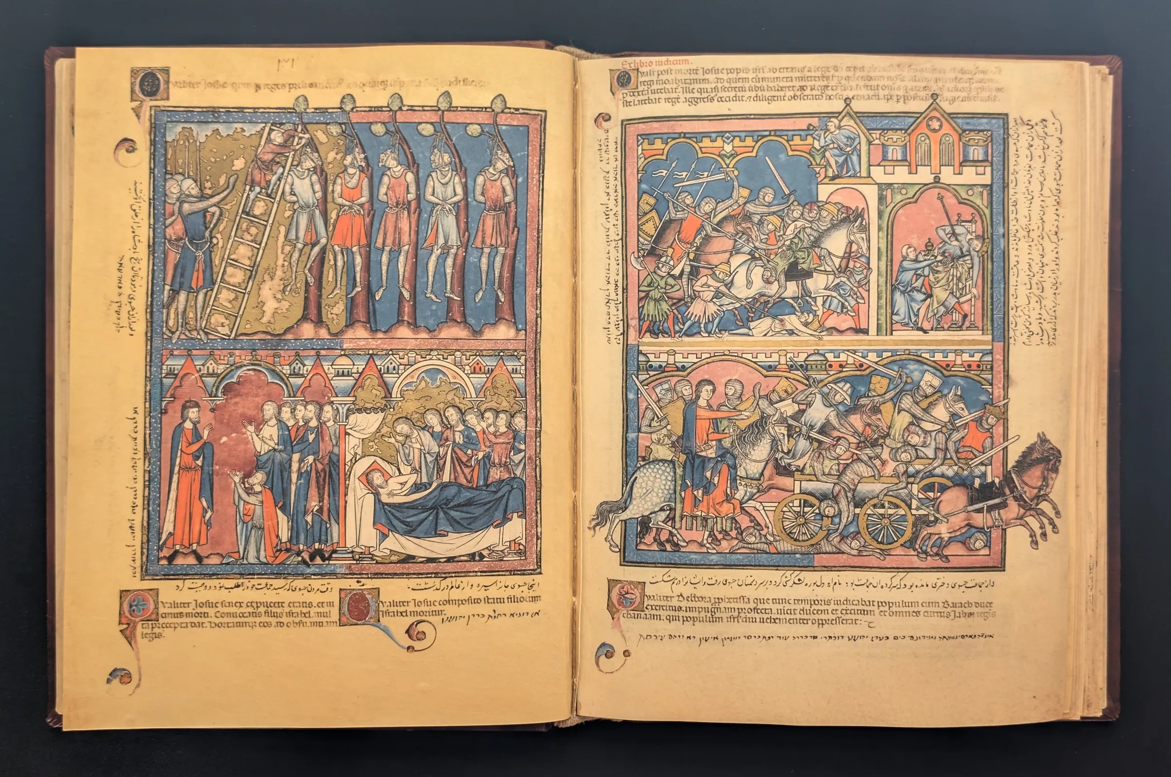 Folio 11v - Ejecución de los reyes amorreos; Muerte de Josué, Folio 12r - Guerra de los israelitas contra los moabitas y los cananeos