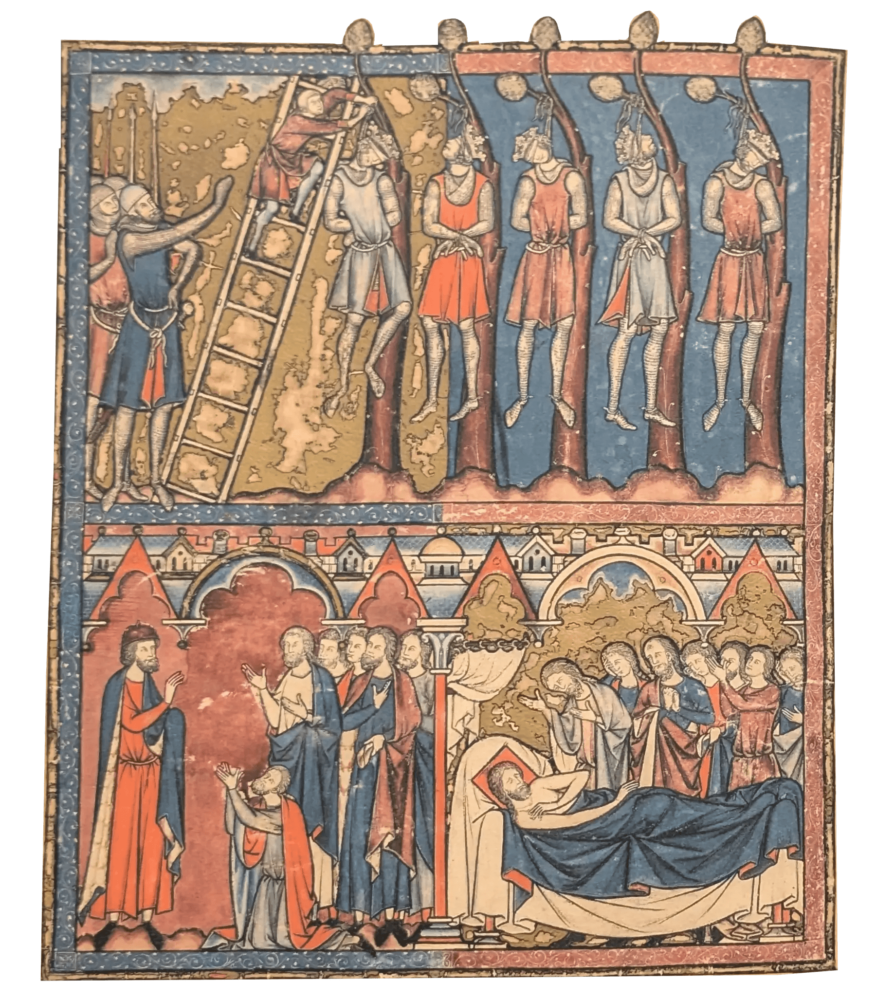 Folio 11v - Ejecución de los reyes amorreos; Muerte de Josué