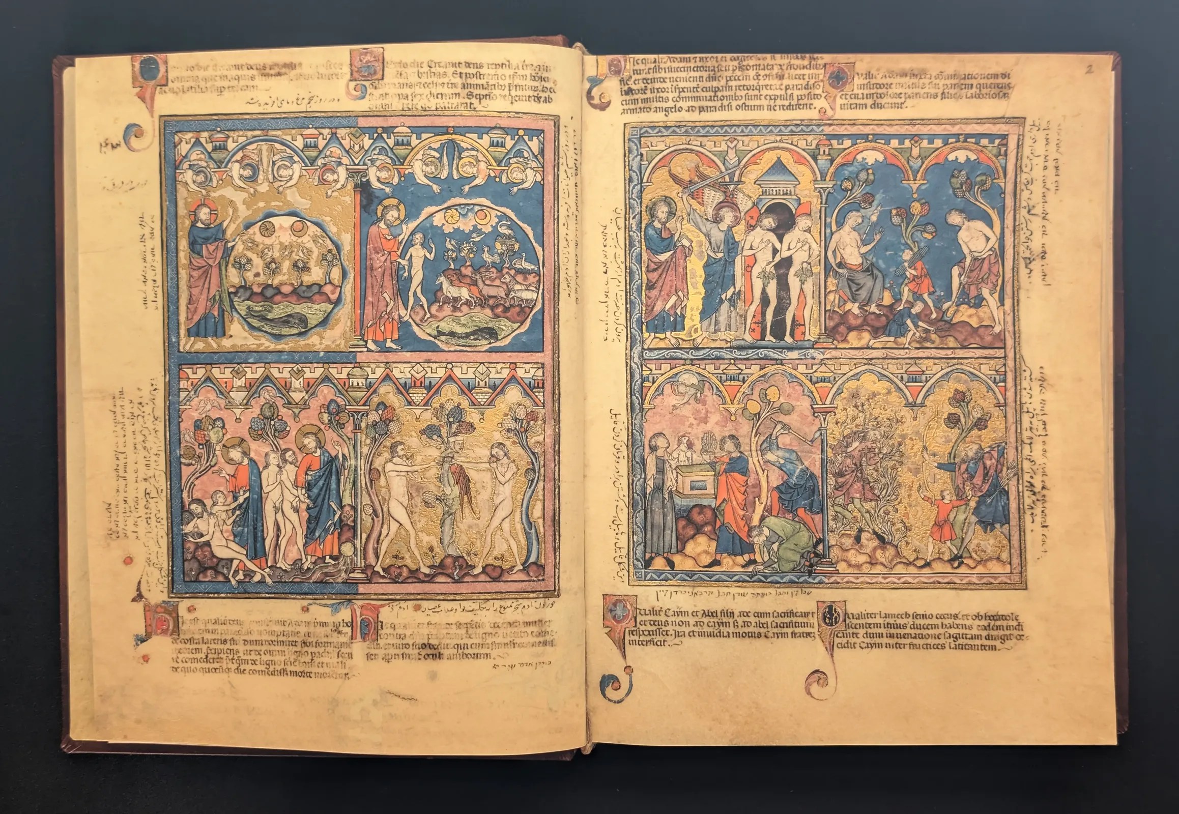 Folio 1v - La creación (días 5-6); Adán y Eva, Folio 2r - La expulsión del Paraíso; Caín y Abel