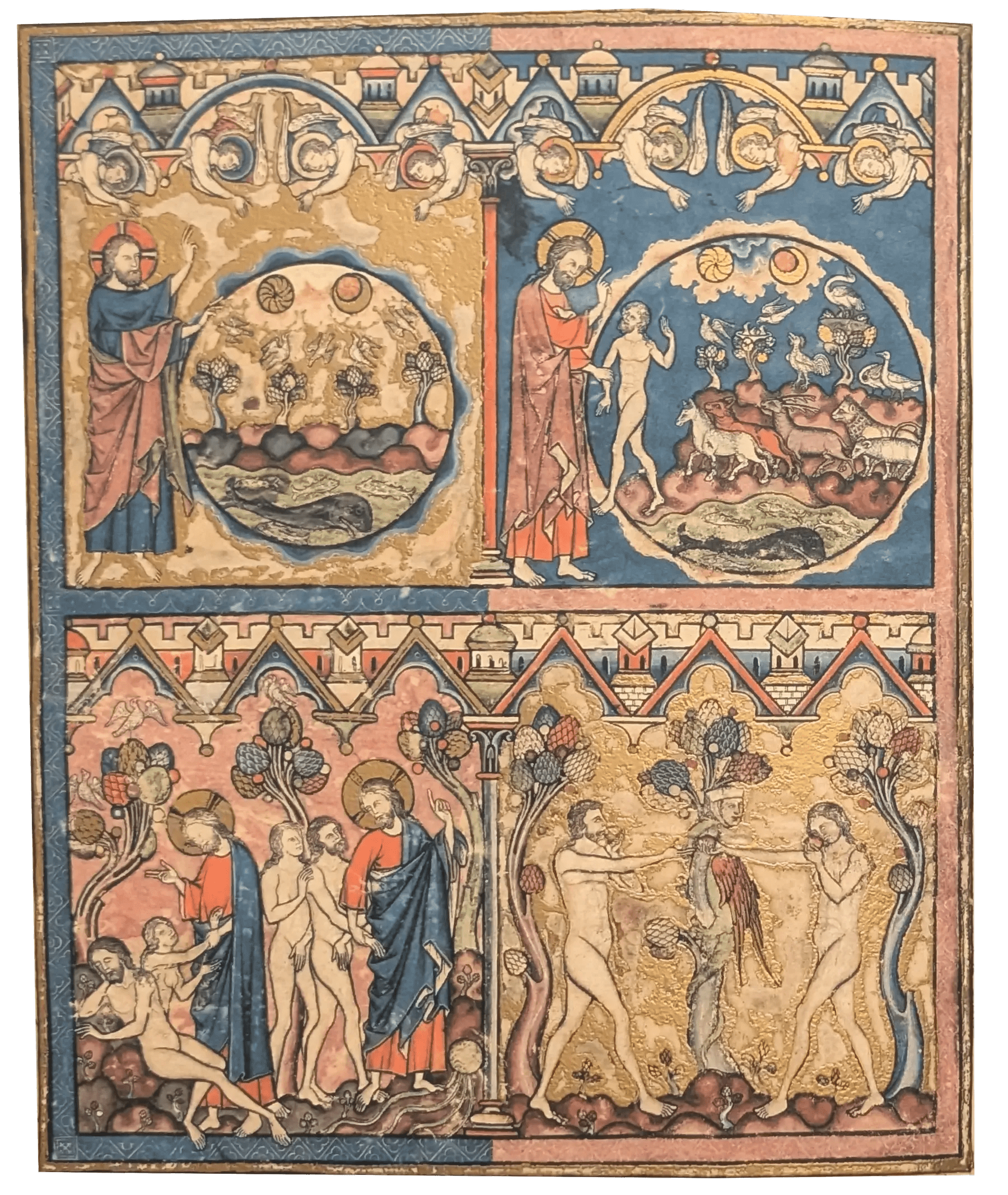 Folio 1v - La creación (días 5-6); Adán y Eva