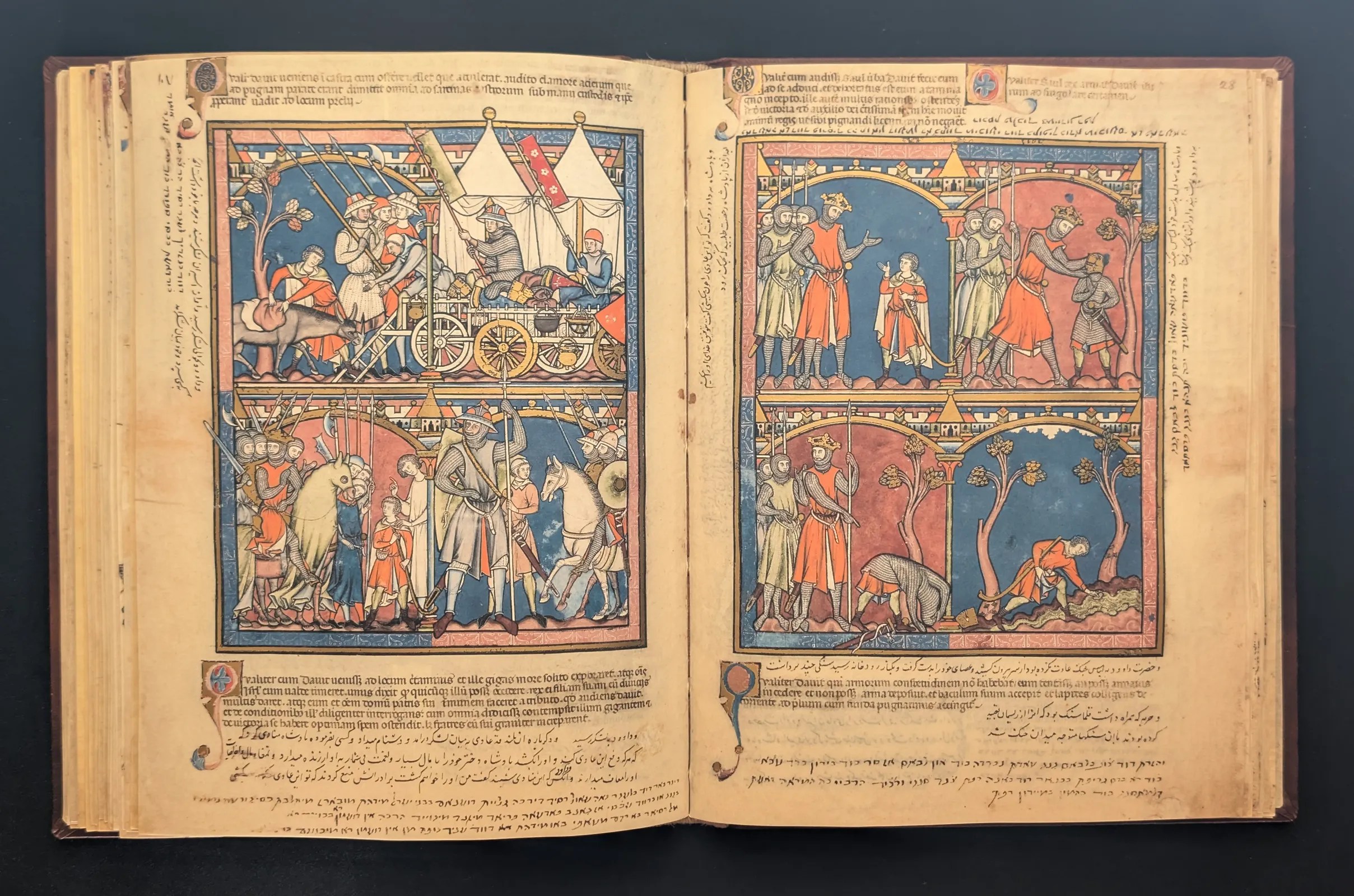 Folio 27v - Historia de David y Goliat II, Folio 28r - Historia de David y Goliat III