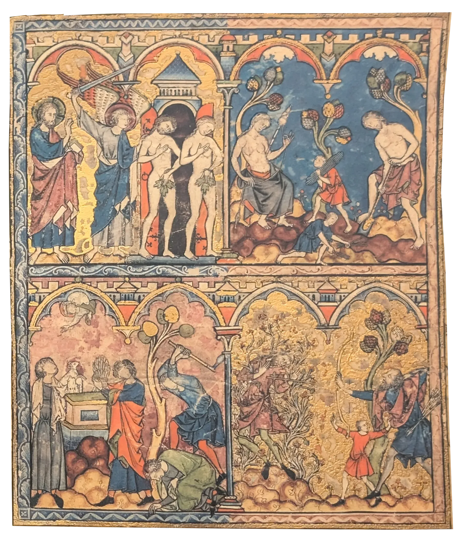 Folio 2r - La expulsión del Paraíso; Caín y Abel